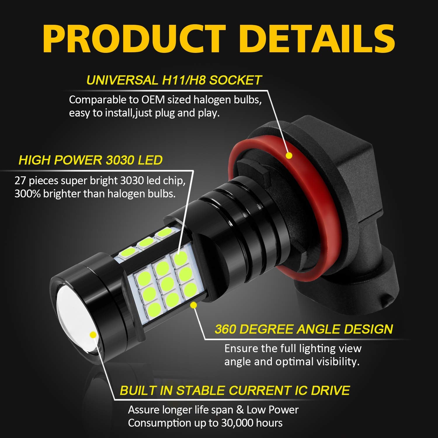 AUXLIGHT H11 LED Fog Light Bulbs, 2400 Lumens, Ice Blue, H8/H11/H16(JP), Aluminum Replacement for Cars and Trucks