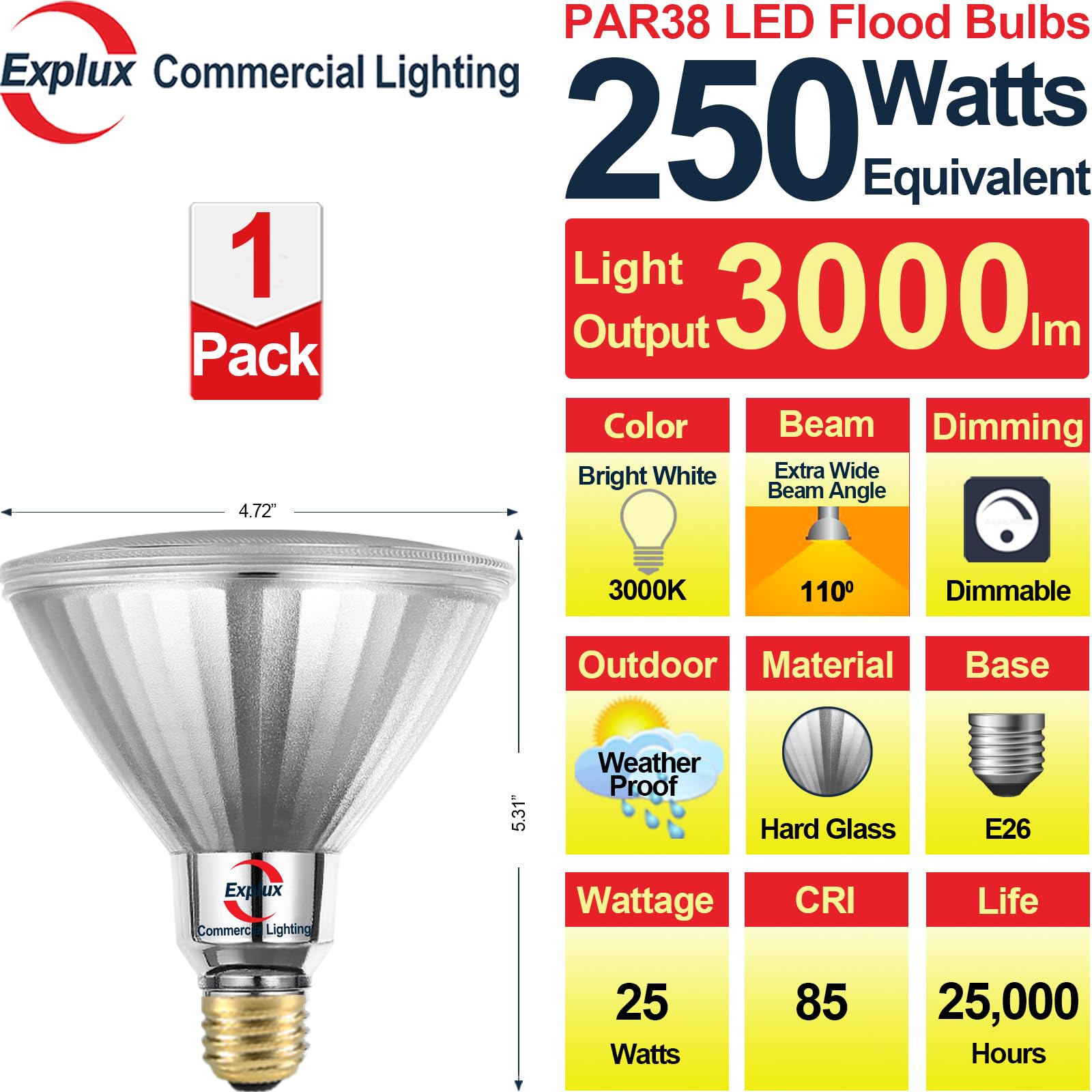 Explux PAR38 LED Flood Light Bulbs, 250W Equivalent, 3000 Lumens, Dimmable, Waterproof, 1-Pack, 3000K Bright White