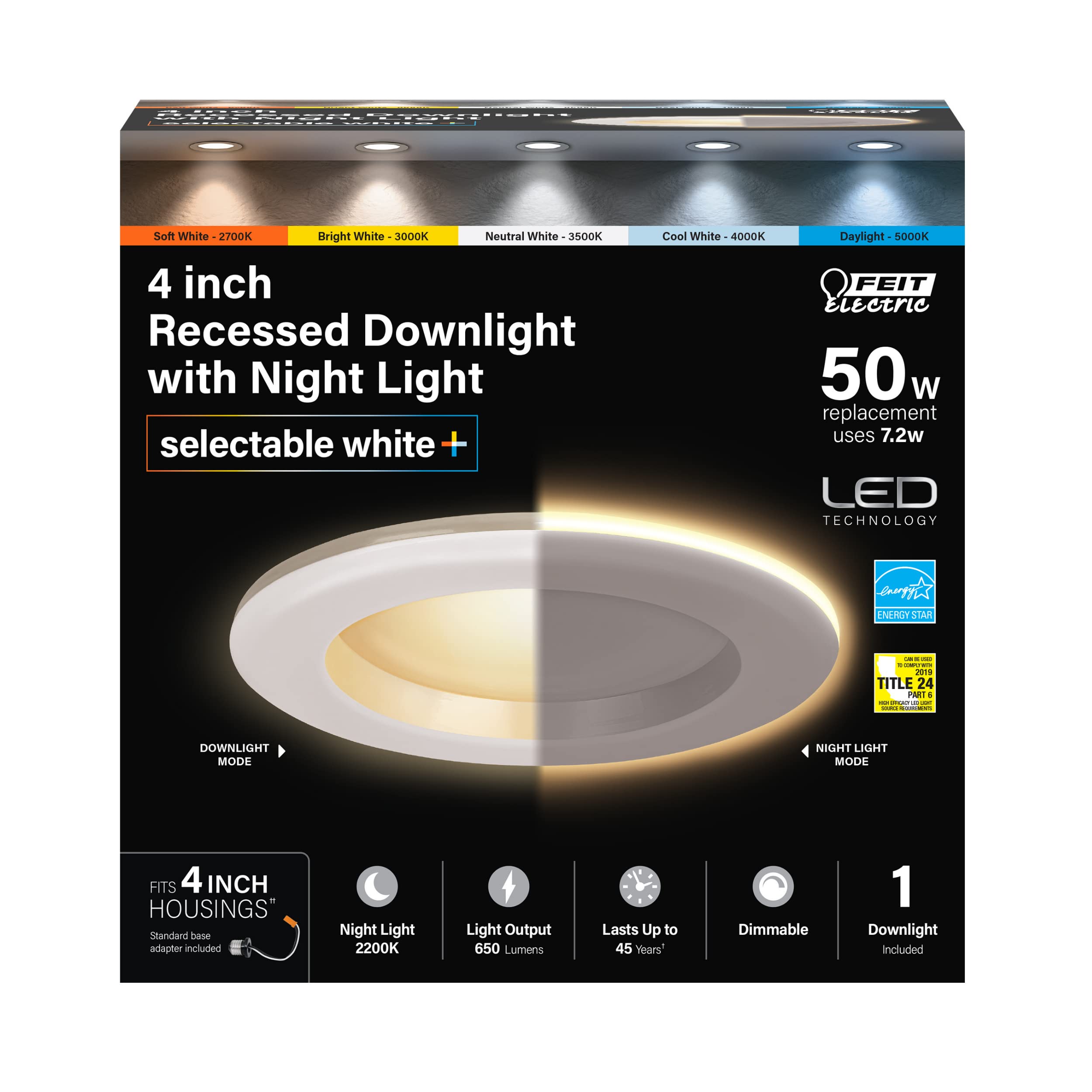 Feit Electric 4'' Led Recessed Downlight With Night Light Mode, 50W Equivalent, Dimmable, 5Cct Selectable White, 90 Cri, 650 Lum