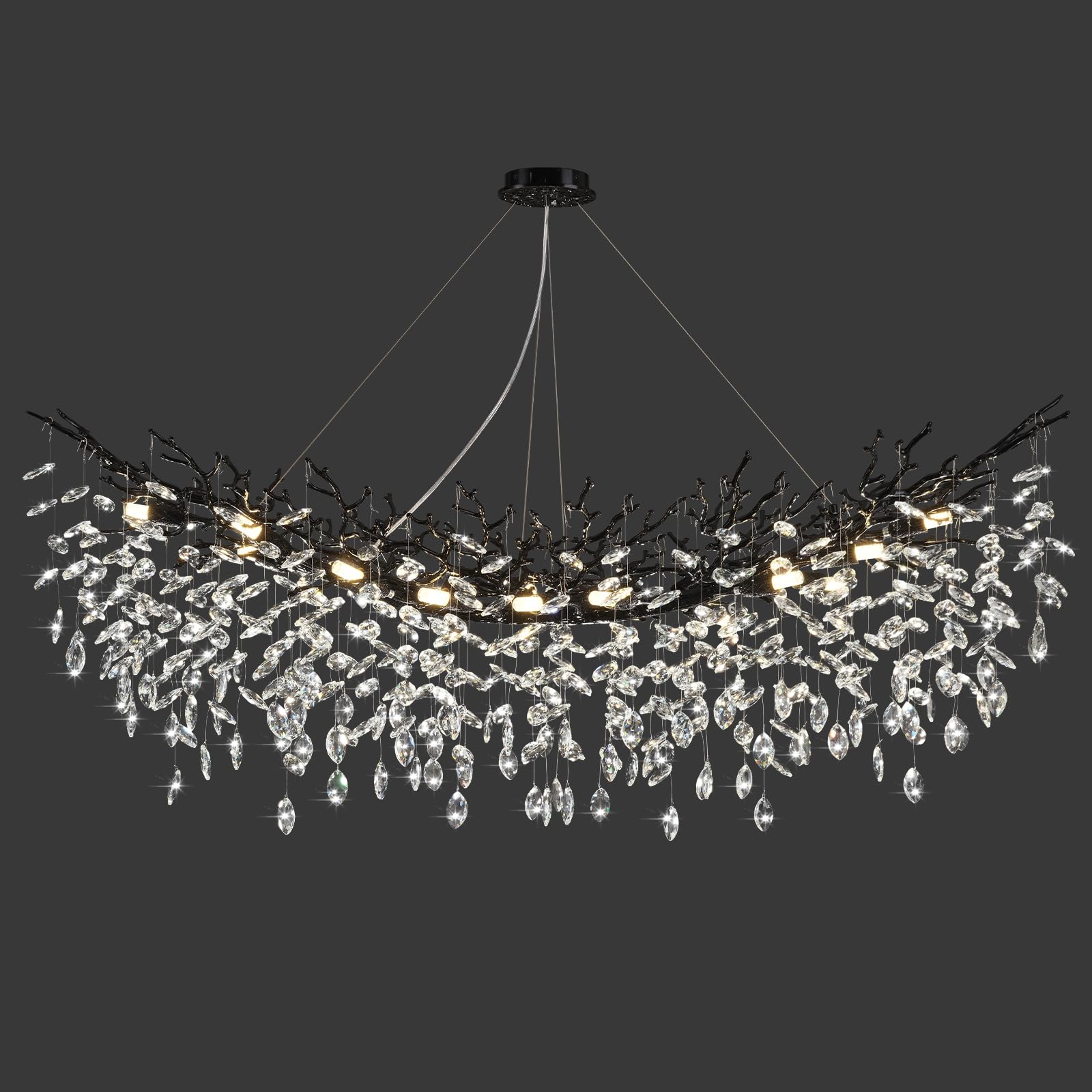 kvtinmty Modern Black Rectangle Crystal Tree Branch Chandelier, 55'' 16-Light K9 Crystal Chandeliers for Dining Room, Rectangula