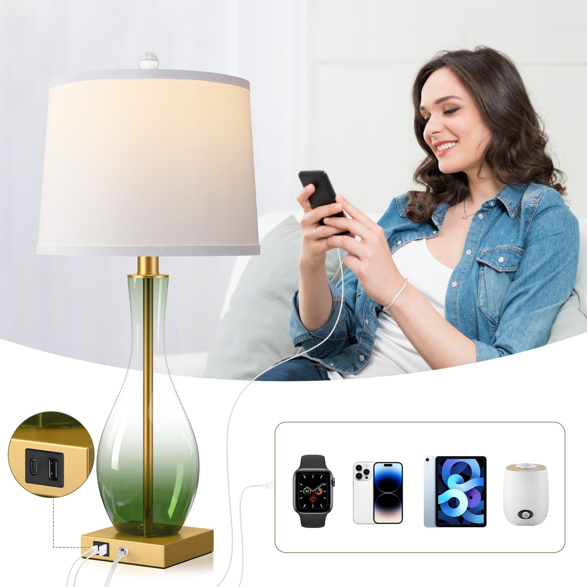 WIHTU 3-Way Dimmable Glass Table Lamp Set of 2, 27" Green Touch Control with USB Charging Ports, Model STR-DL-0172, LED Bulbs Included