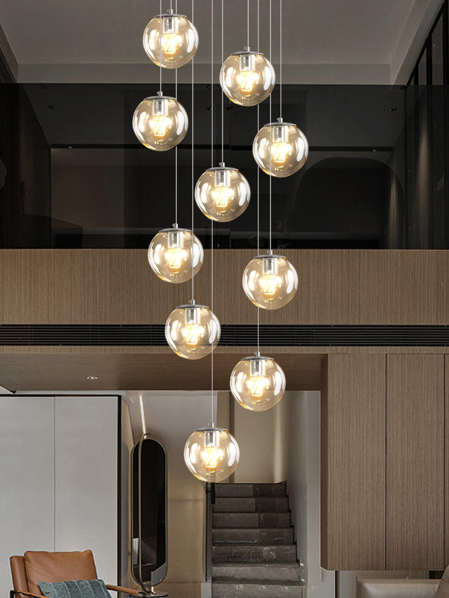 ykolupty Silver LED Staircase Chandelier 10-Light Clear Glass Ball Chandelier Dimmable Pendant Lights Large Chandeliers for High