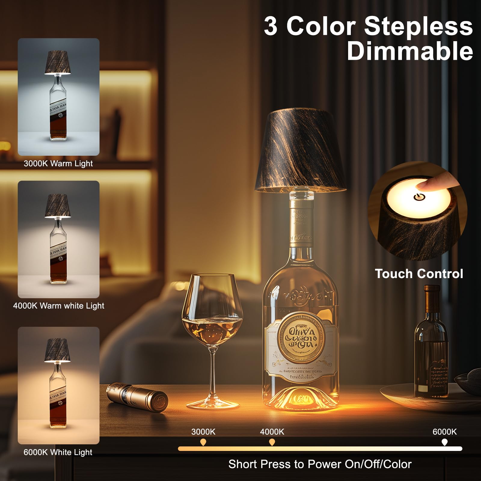 Mebaraul 3600mAh Rechargeable Wine Bottle Lamp, Touch Dimming, Bronze, Model JP001