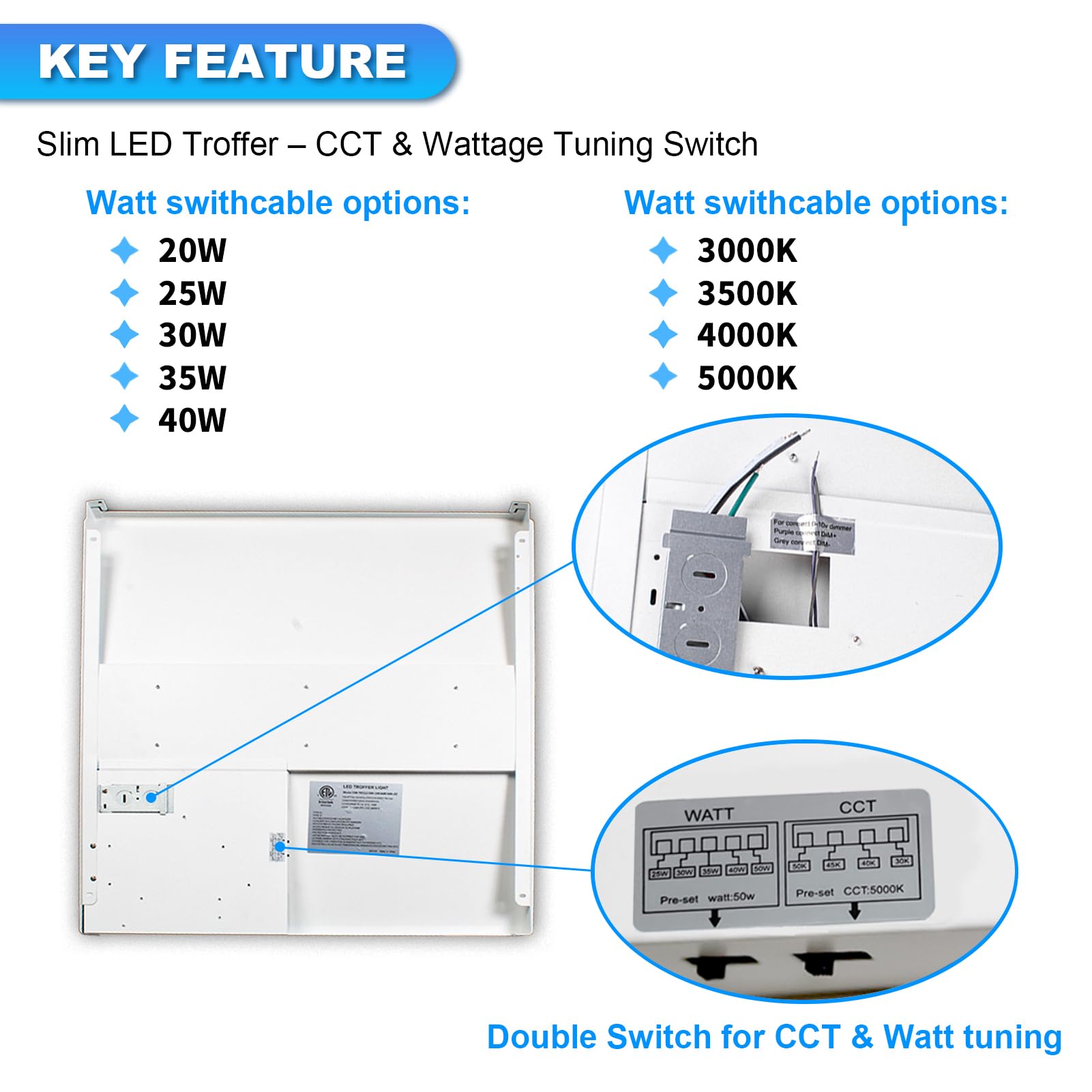Cortelco 2x4 LED Troffer Panel, Color Tunable 3000K-5000K, Watt Adjustable 25W-50W, 4-Pack, White, Aluminum