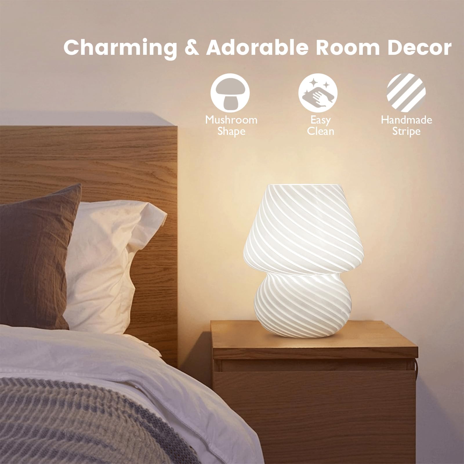 Ularoom Usb Plug-In Mushroom Lamp Small Bedside Table Lamp With 3 Temperature Led Bulb,Free Dimming Nights Light For Bedroom/Liv