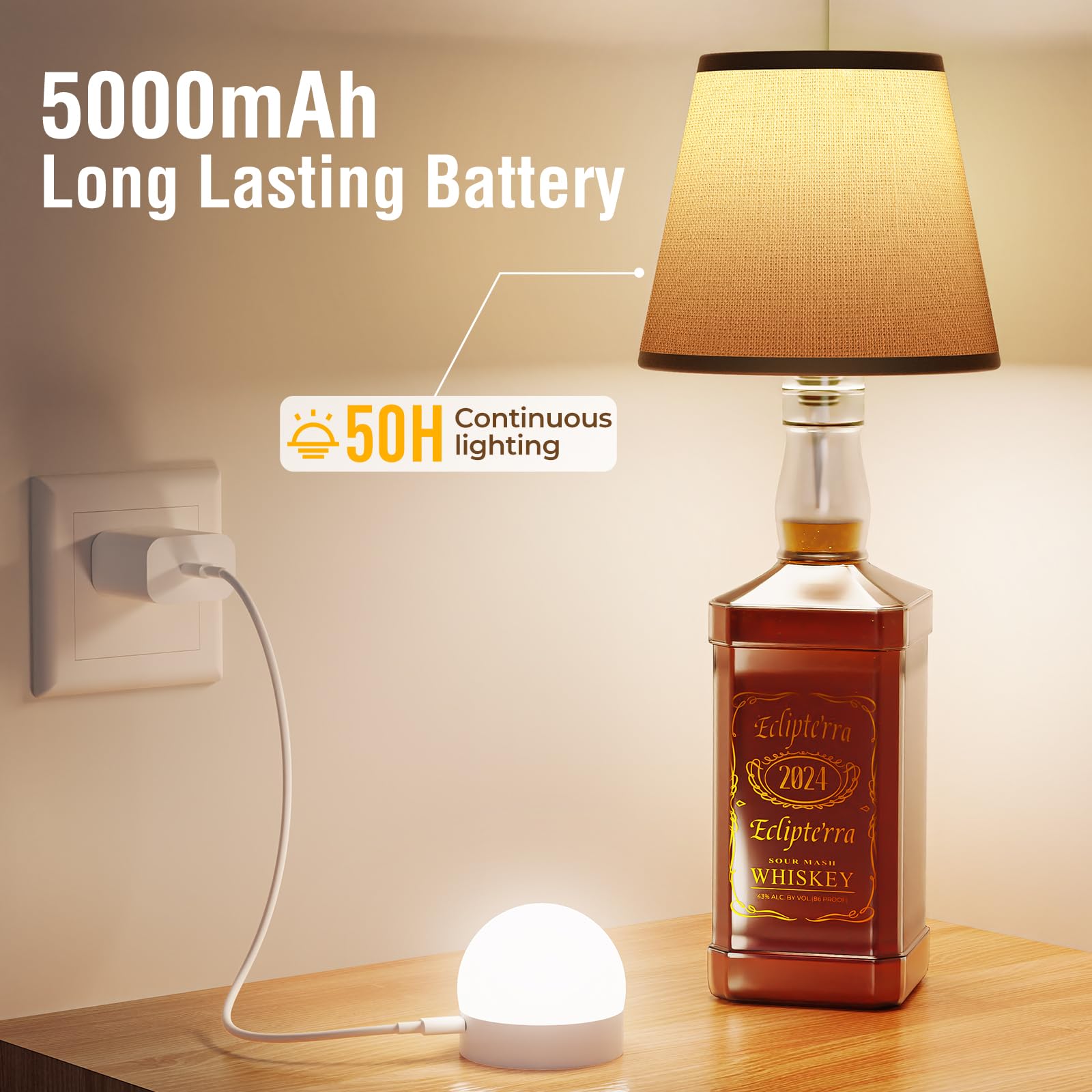 Eclipterra Cordless LED Bottle Lamp, 5000mAh Battery, Portable Wireless Table Lamp, 1 Pack, Black, Model EC-Wall Sconce 01