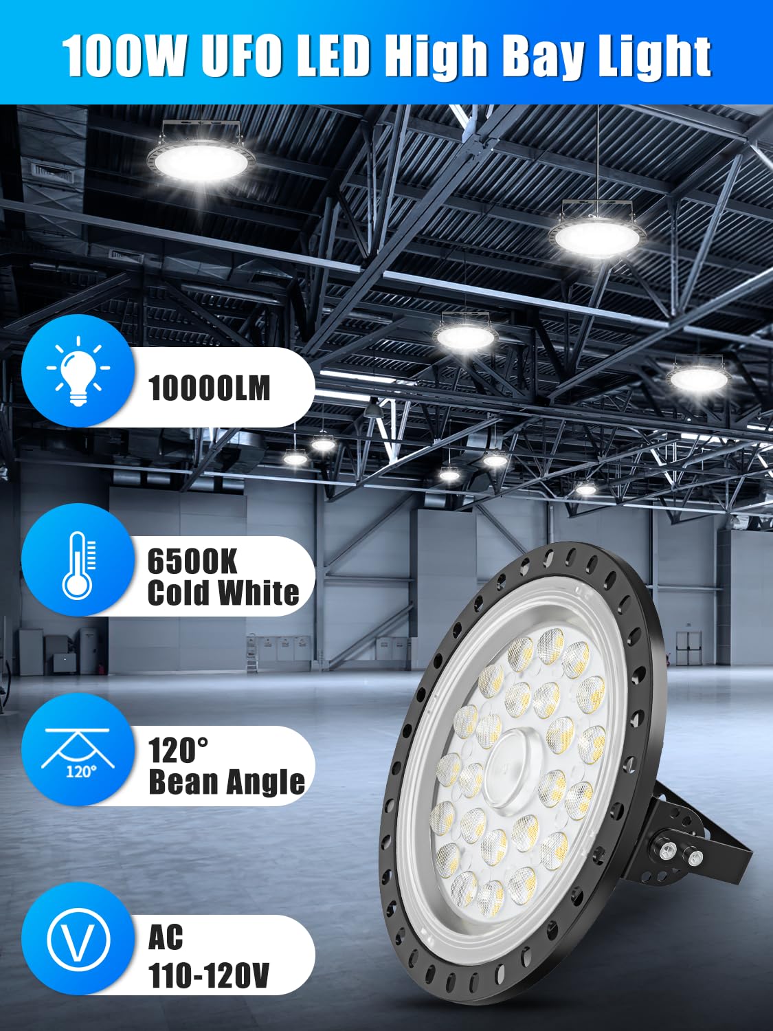 Chunnuan UFO LED High Bay Lights 100W, 10000LM Brightness, 6500K Daylight, Aluminum, Waterproof, Commercial Bay Lighting