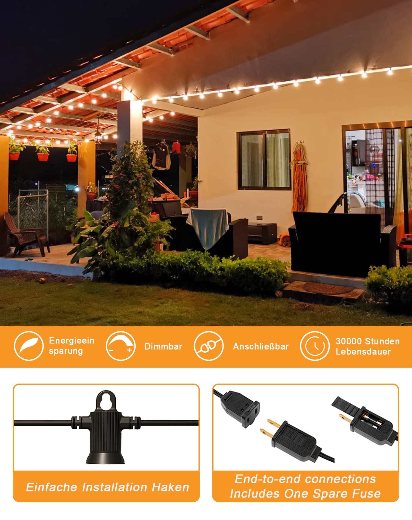 Zuske Outdoor String Lights, 50Ft Patio Lights Outdoor Waterproof With 27 Shatterproof G40 Globe Bulb(2 Spare), Connectable Dimm