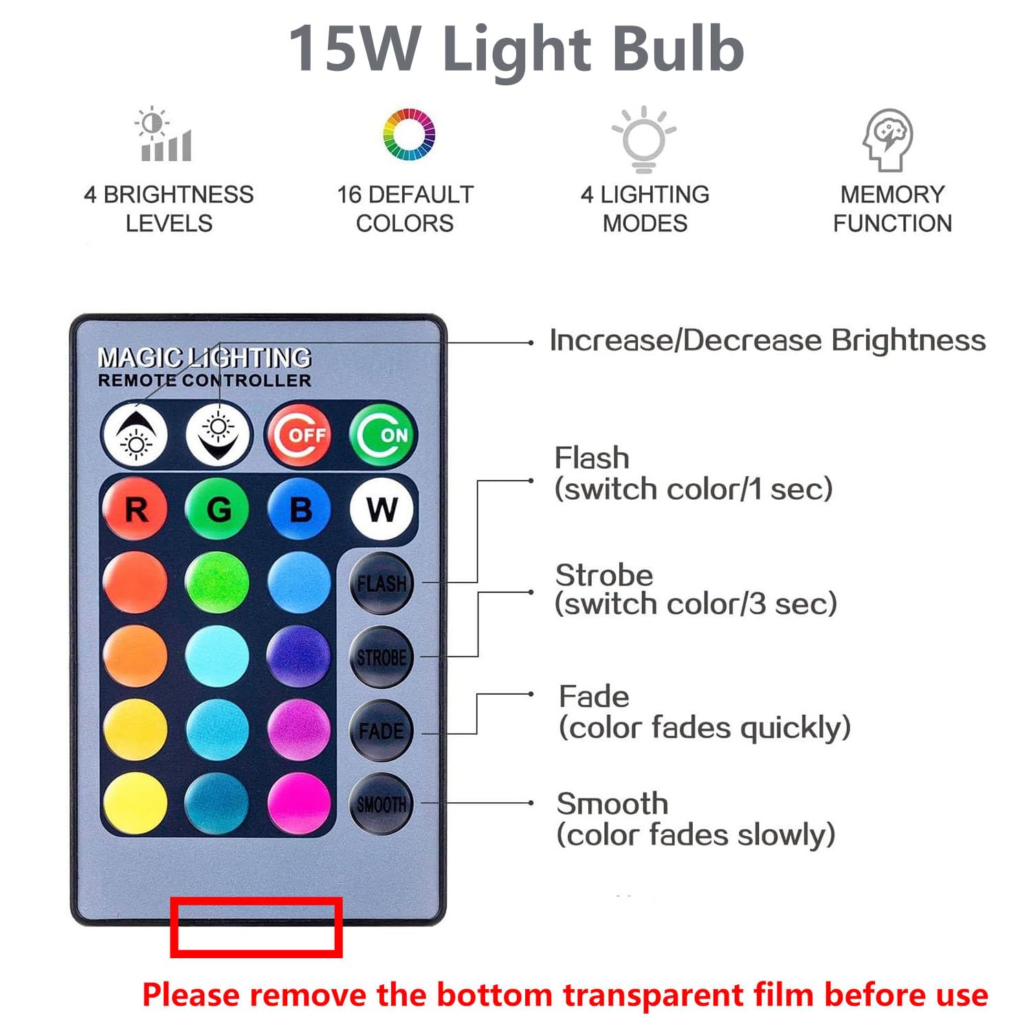 Afinsea Rgb Color Changing Light Bulbs With Remote,A21 E27 Rgbw Led Light Bulbs,15W Warm White 550Lm,16 Color Multicolor Light Bulb (Rgb 15W-1Pack)