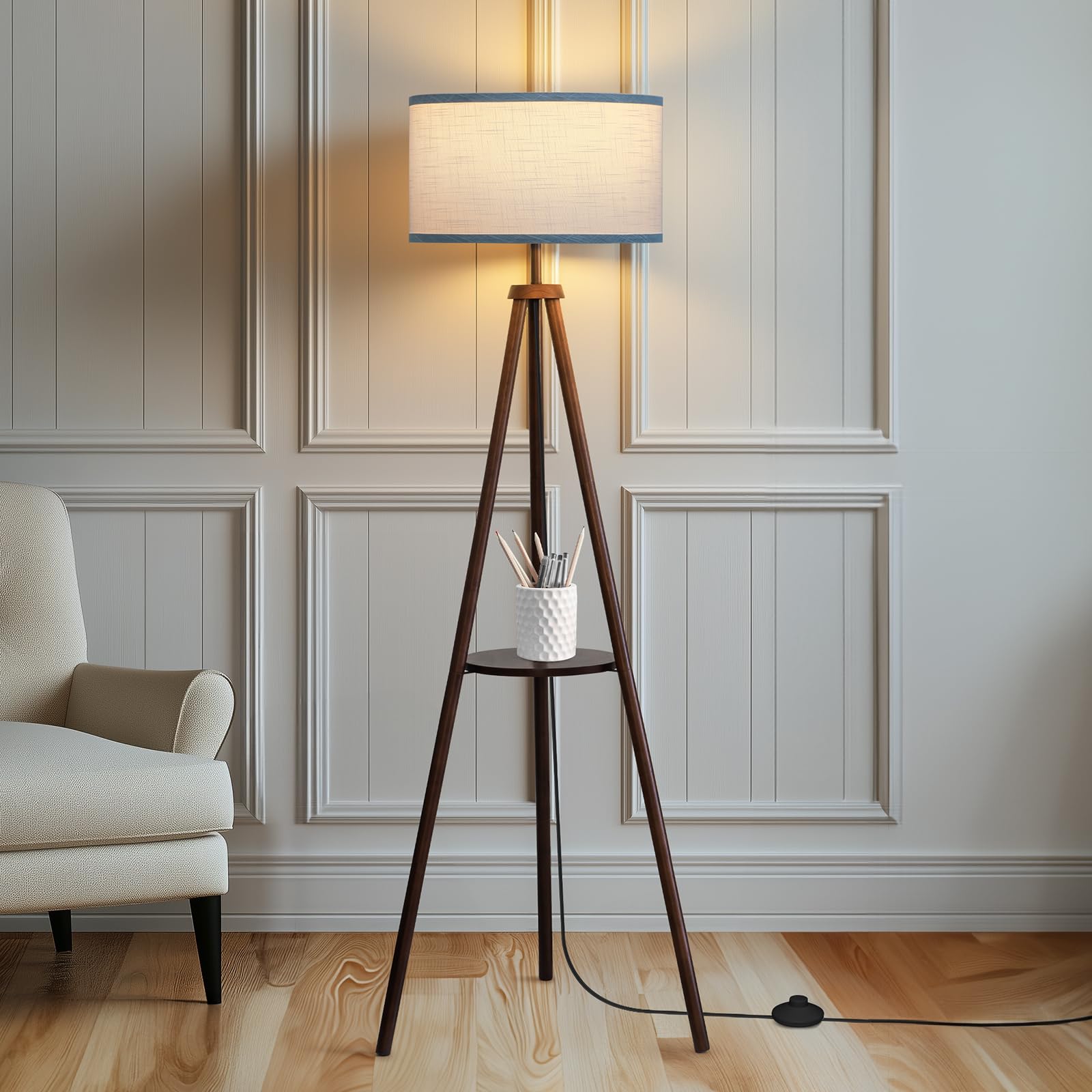 EOEYYOYB Floor Lamp with 3 Light Modes Adjustable- Wood Tripod Floor Lamp Modern LED Standing Lamps with Dimmable Brightness, Pe