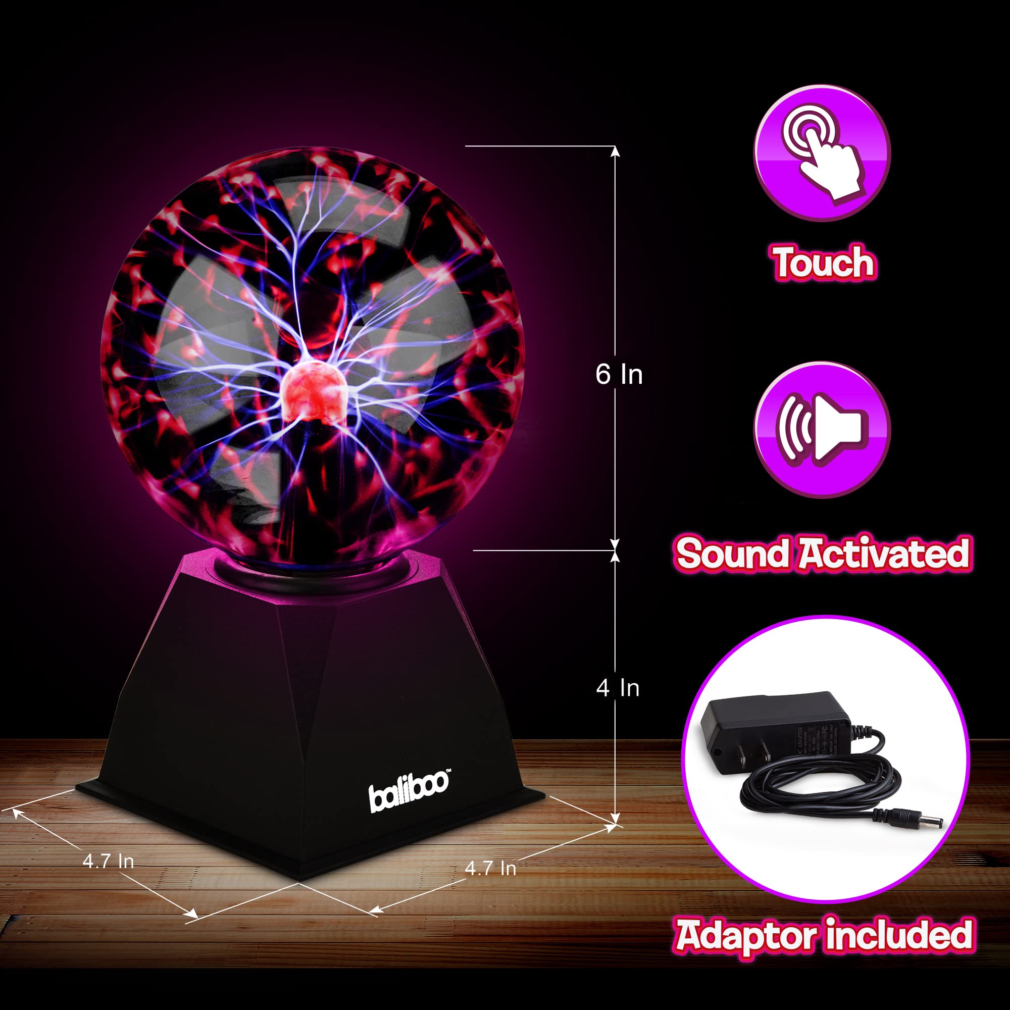 Baliboo Plasma Ball Light, 6 Inches, Touch And Sound Activated Lightning Globe, Magical, Interactive, Mood Setting, Fun And Science Lamp, Prop For Parties, Gift For Kids And Adults