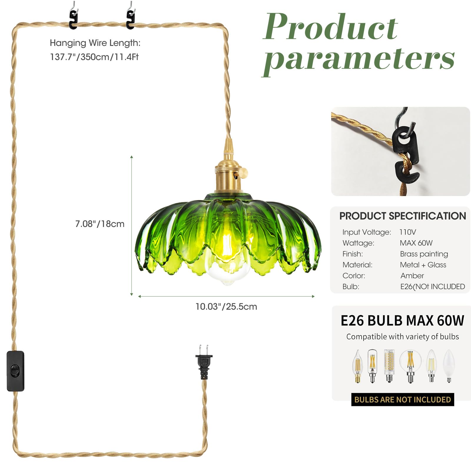 Beser·Win Green Glass Pendant Light - E26 Hanging Fixture with Plug-in Cord for Kitchen, Bedroom, Dining Room - Model PDL-006