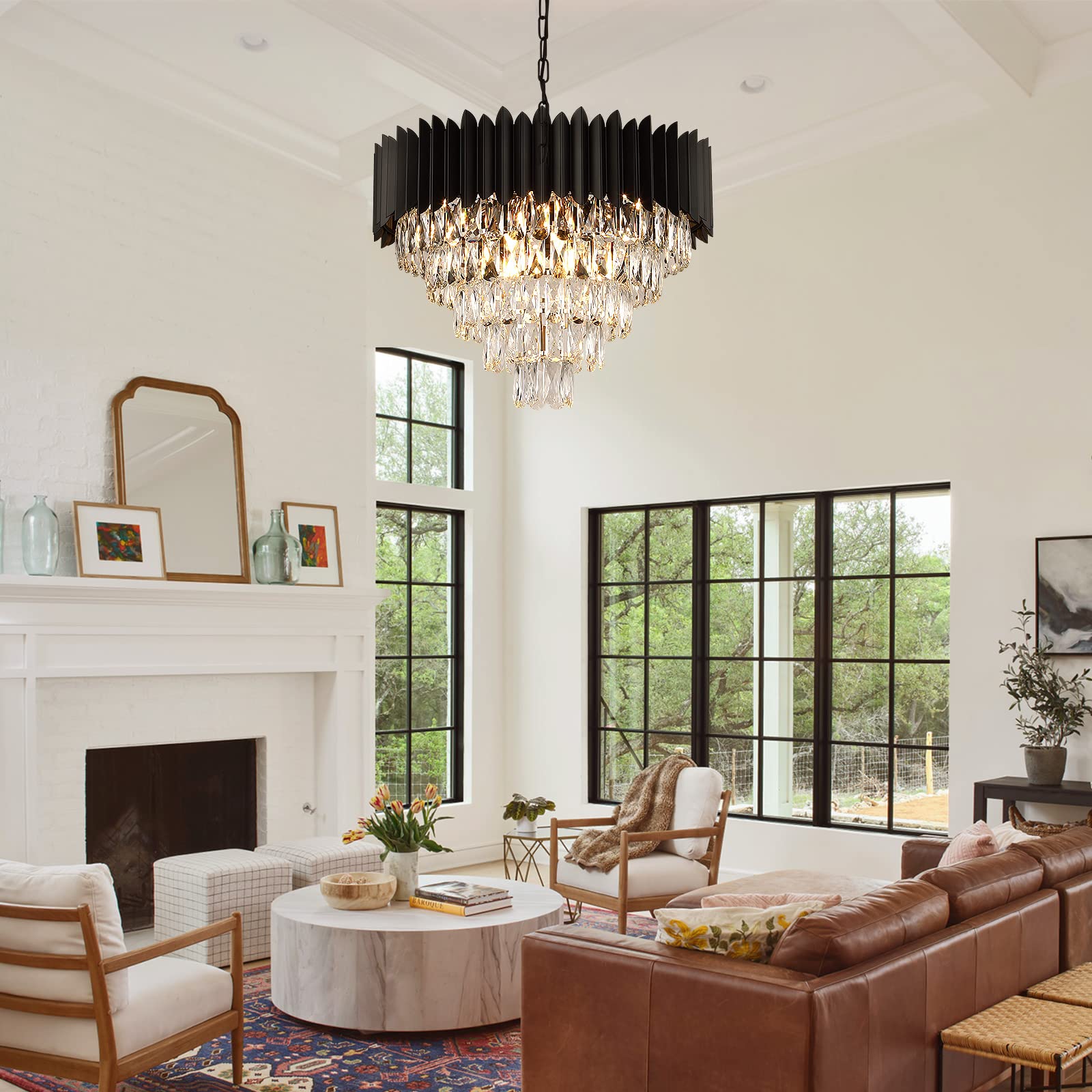 A AXILIXI Black Crystal Round Chandelier 24" Dimmable 12 Lights Luxury Ceiling Pendant Light Fixture Model DH88511BK-600