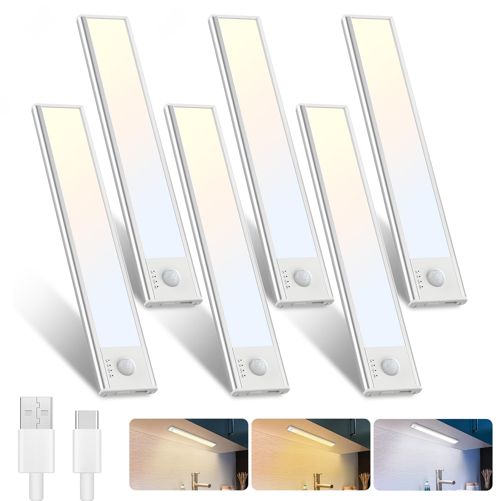 libtit 6Pack LED Under Cabinet Lighting USB Rechargeable, Motion Sensor Light Indoor Battery Operated, Wireless Magnetic Closets