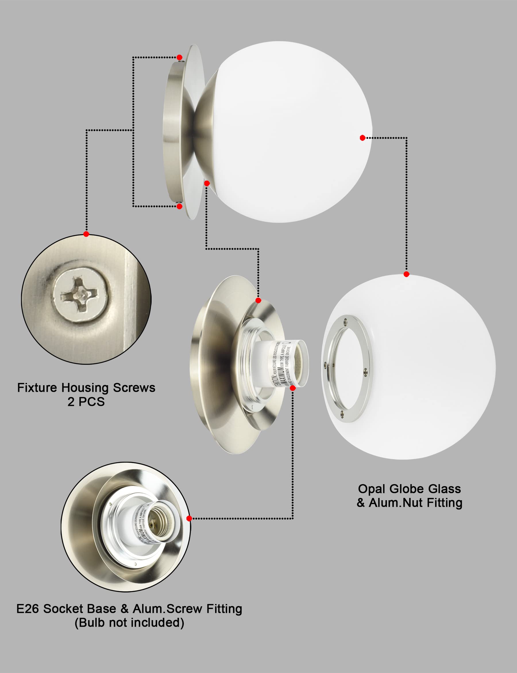 Wall Sconces, 1 Light Modern Globe Sconce In Brushed Nickel, Wall Light For Bedroom Bathroom Living Room & Hallway Vanity Lighting, Ceiling Light Fixture