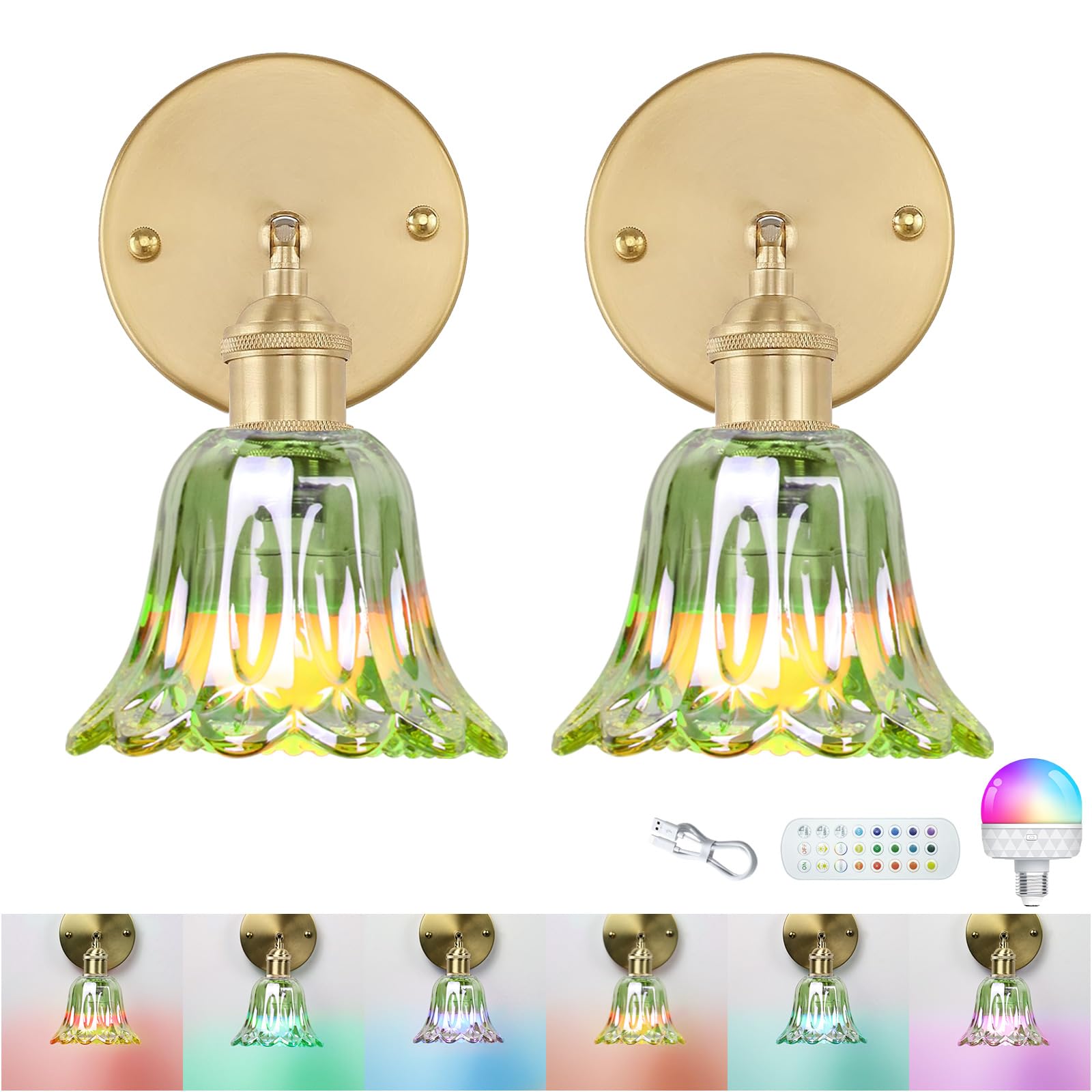 GEEZO Vintage Battery Operated Wall Sconce, Rechargeable Light with Remote, 2 Pack, Pineapple Green, Model GEEZO-Y-1