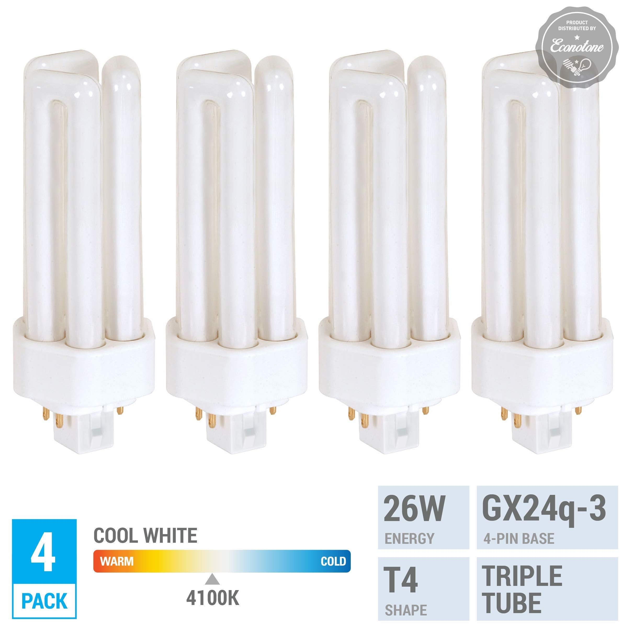 Kor (4 Pack) K20788 - Pl26W/3U/4P/841 - Compact Fluorescent Plug-In - T4 - Triple Tube - 26 Watt - 4-Pin (Gx24Q-3) - 4,100 Kelvin (Cool White)