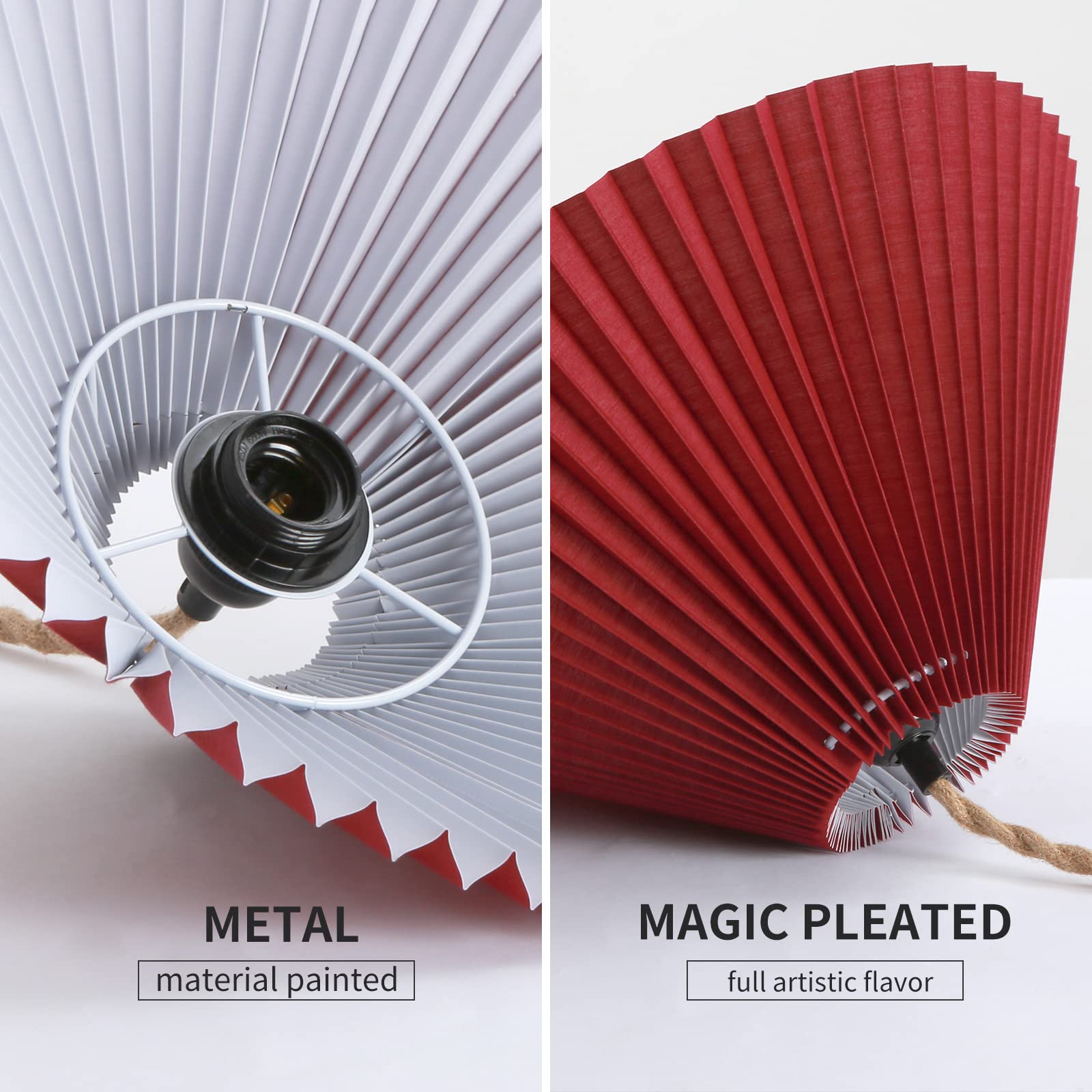 AOMICRON Plug-in Pendant Light, 15ft Hemp Rope Cord, Red Pleated Shade, Large, for Living Room, Bedroom, Kitchen, Dining Room