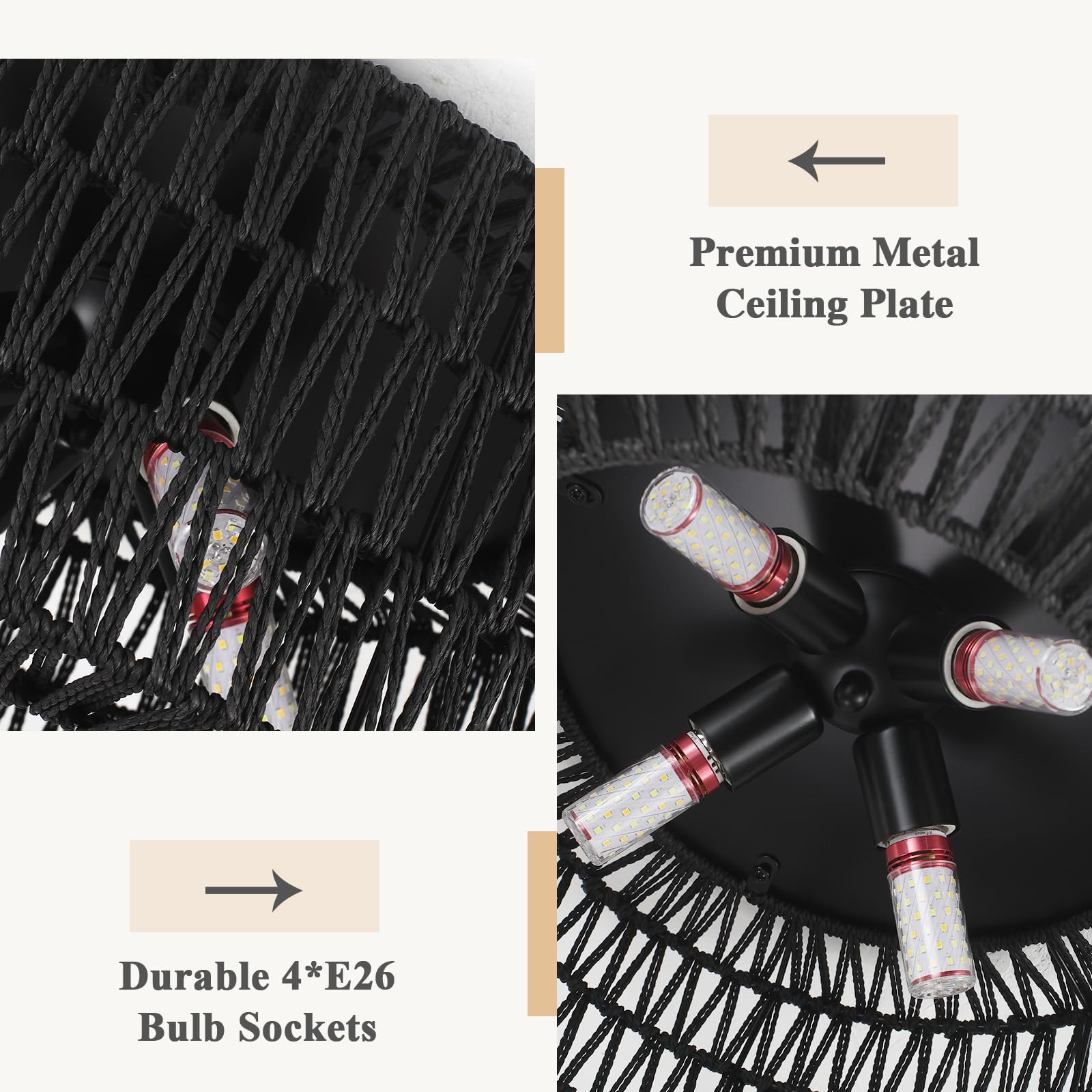 ABEAJAT Rattan Flush Mount Ceiling Light, 4-Lights Boho Chandelier, 18in  Black Hand-Woven Shade, Model ABEAJAT-001