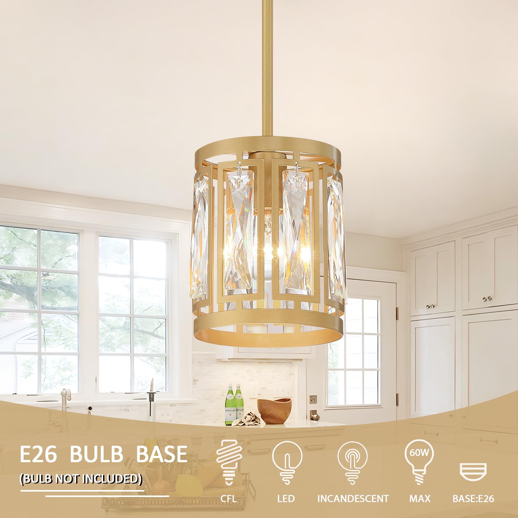 2 Pack Gold Pendant Lights Kitchen Island, Crystal Pendant Light, Adjustable Hanging Light Fixture For Dining Room, Living Room,