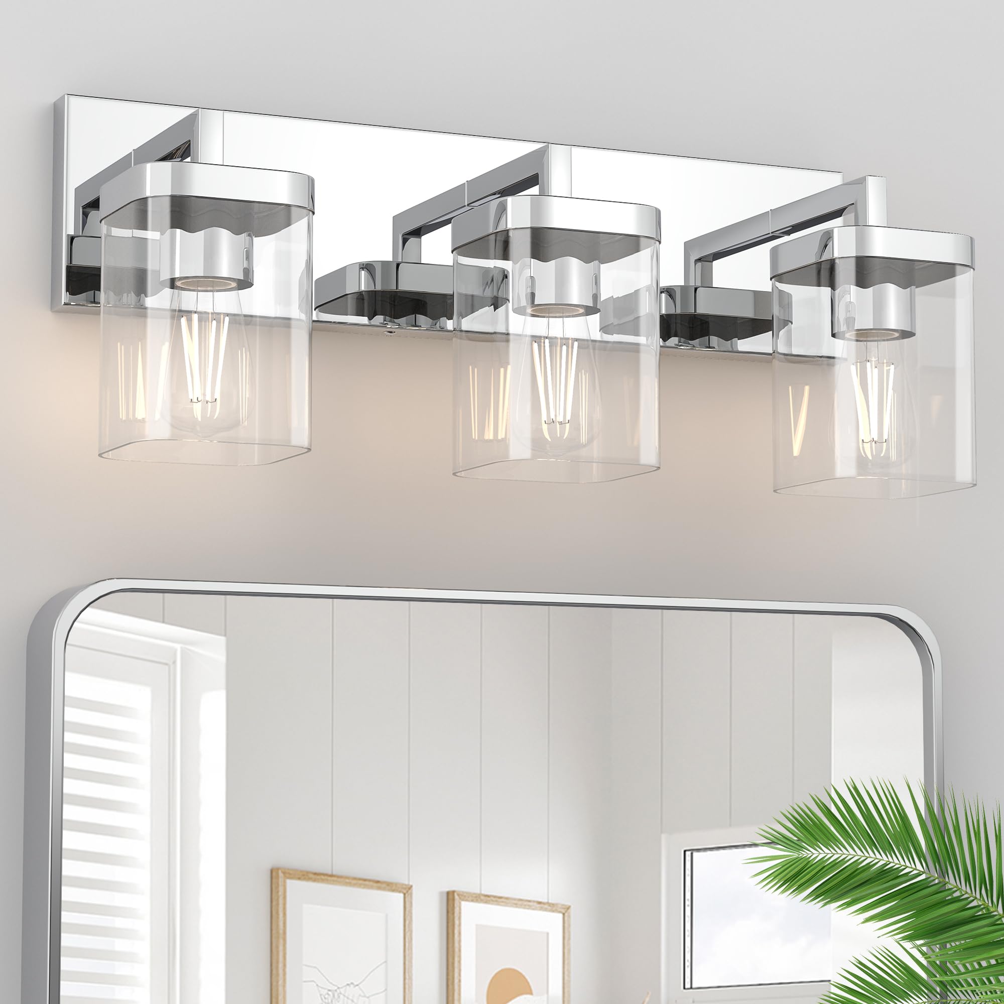 Danshinro Chrome Bathroom Vanity Light, Square Design 3 Lights Morden Bathroom Lighting Fixtures Over Mirror, Bathroom Light Fix