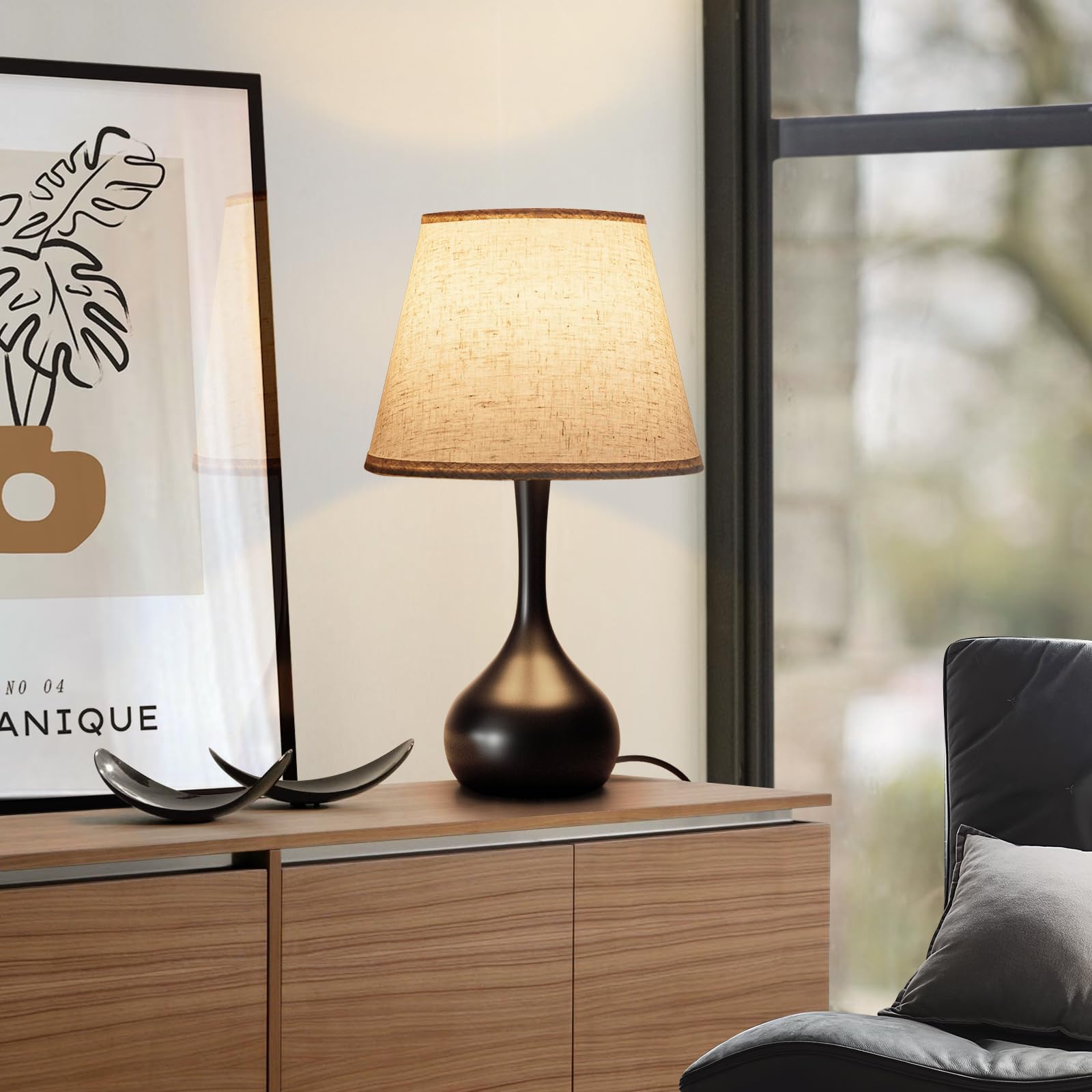 ONEWISH Touch Bedside Lamp - 3-Way Dimmable Farmhouse Table Lamp for Bedroom, Non-USB, Fabric Shade, Model TAB093CAC