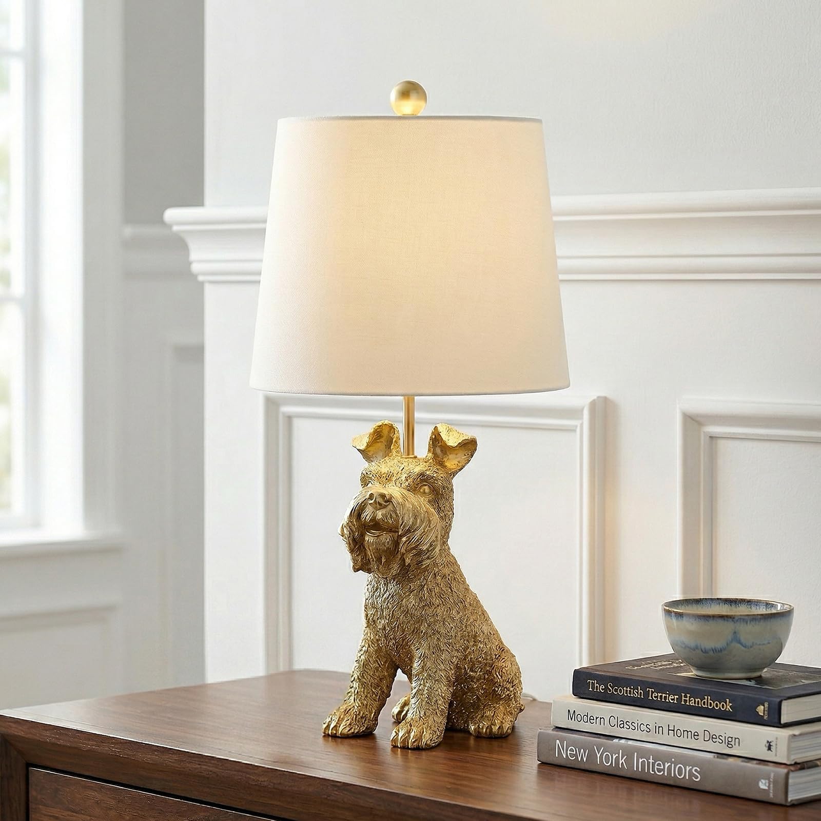 Crestview Collection Schnauzer Dog Table Lamp, 23 H Gold Resin Base with White Linen Tapered Drum Shade, Sculpted Animal Lamp fo