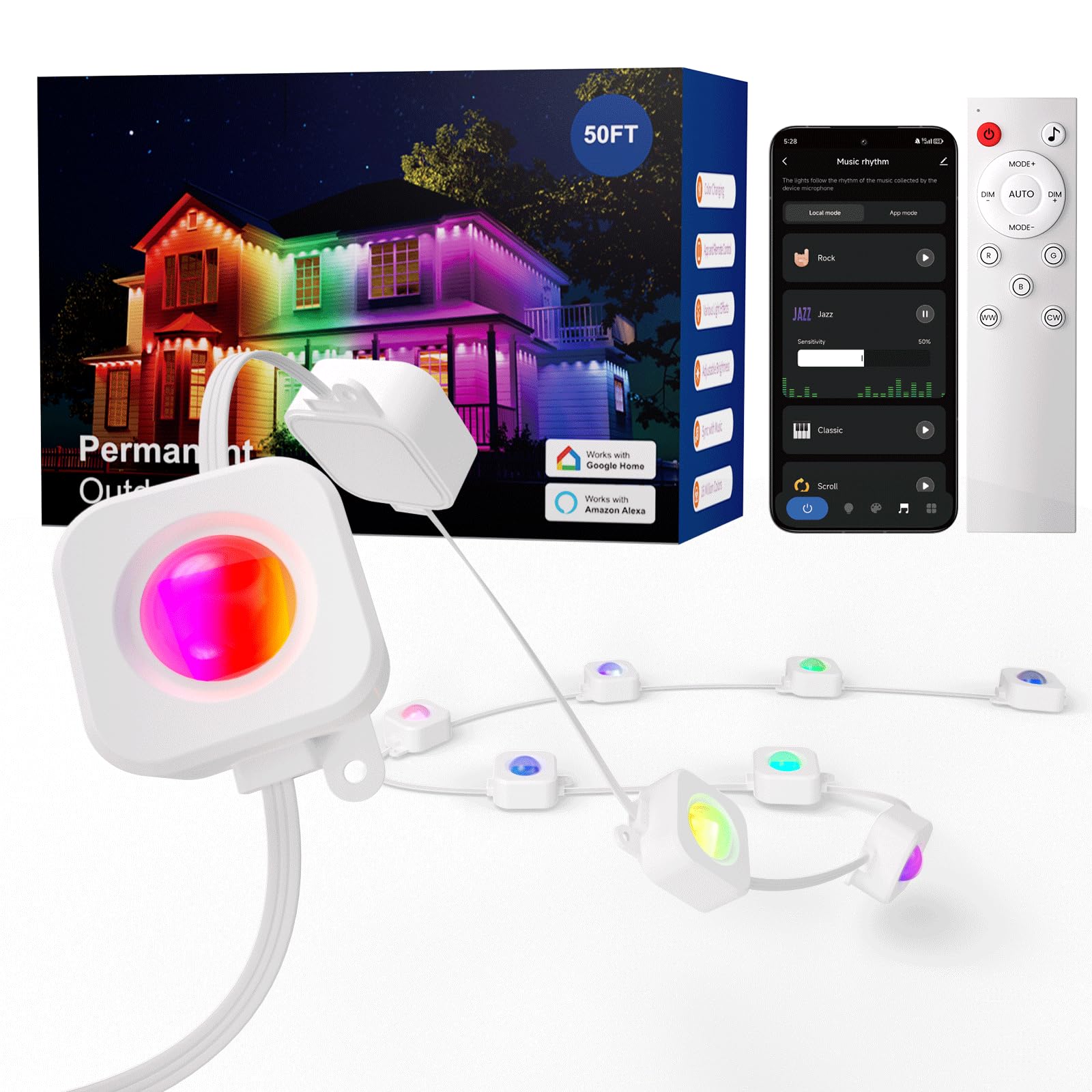 HUTAKUZE Outdoor Christmas Lights, 50ft RGB LED, IP67 Waterproof, Smart APP & Remote Control, Multicolor, Model C5113