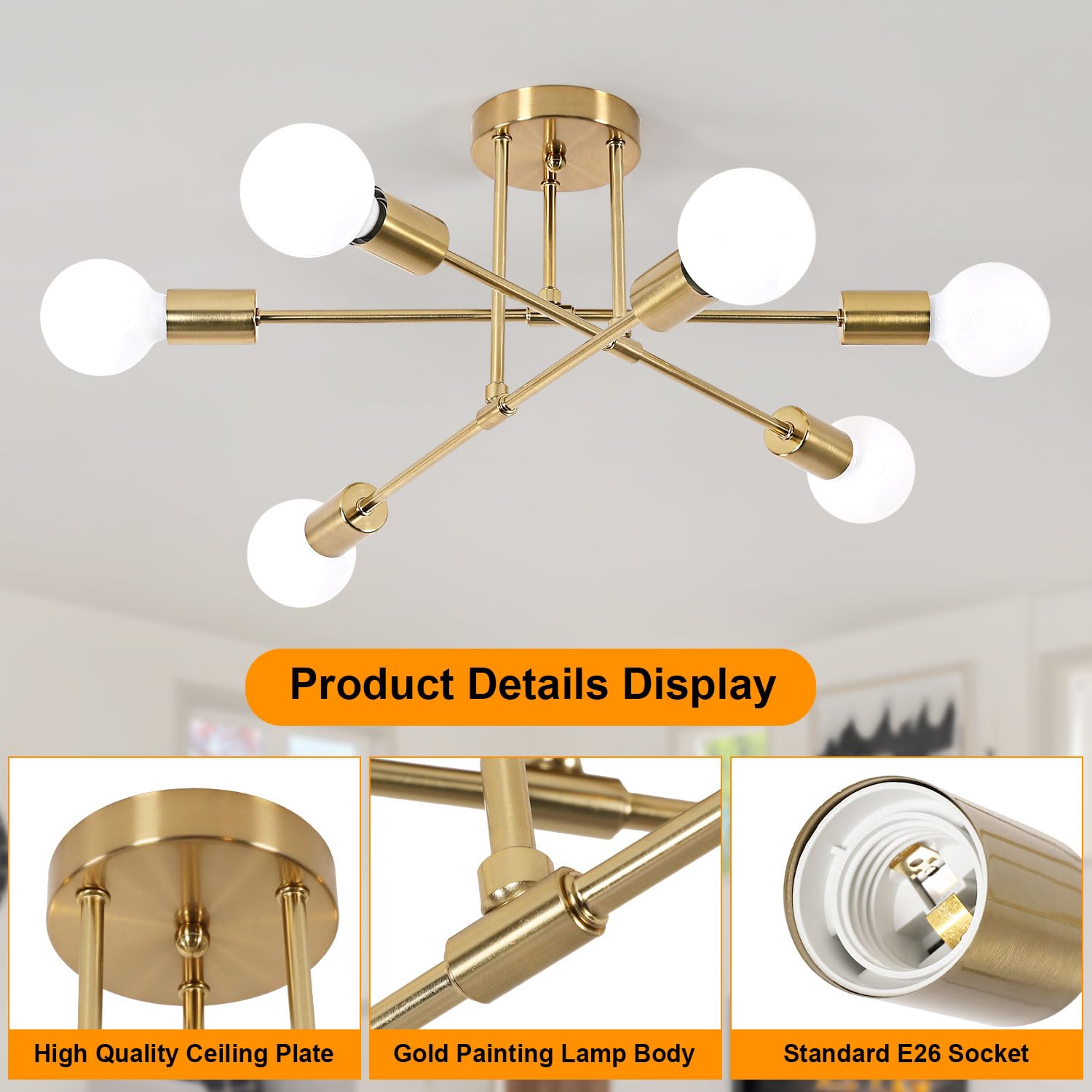 Delipop Modern Sputnik Chandelier, 6-Light Gold Industrial Metal Semi Flush Mount Ceiling Light, E26 Base Sputnik Ceiling Light
