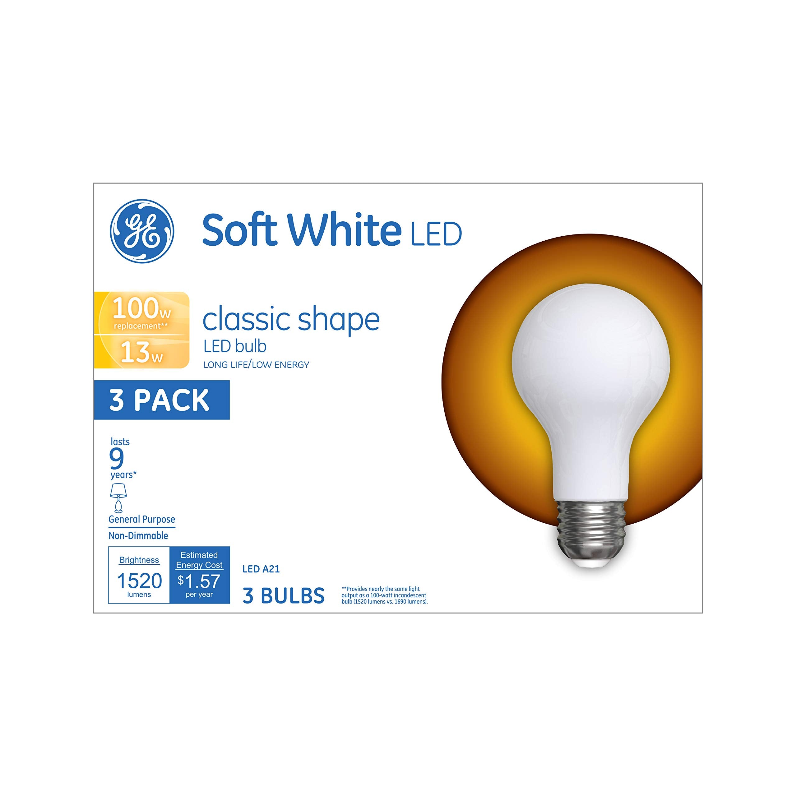 Ge Lighting 31193 General Purpose Classic Shape A21 Soft Led 13-Watt (100-Watt Replacement), 1520-Lumen Medium Base, 3 Count (Pa