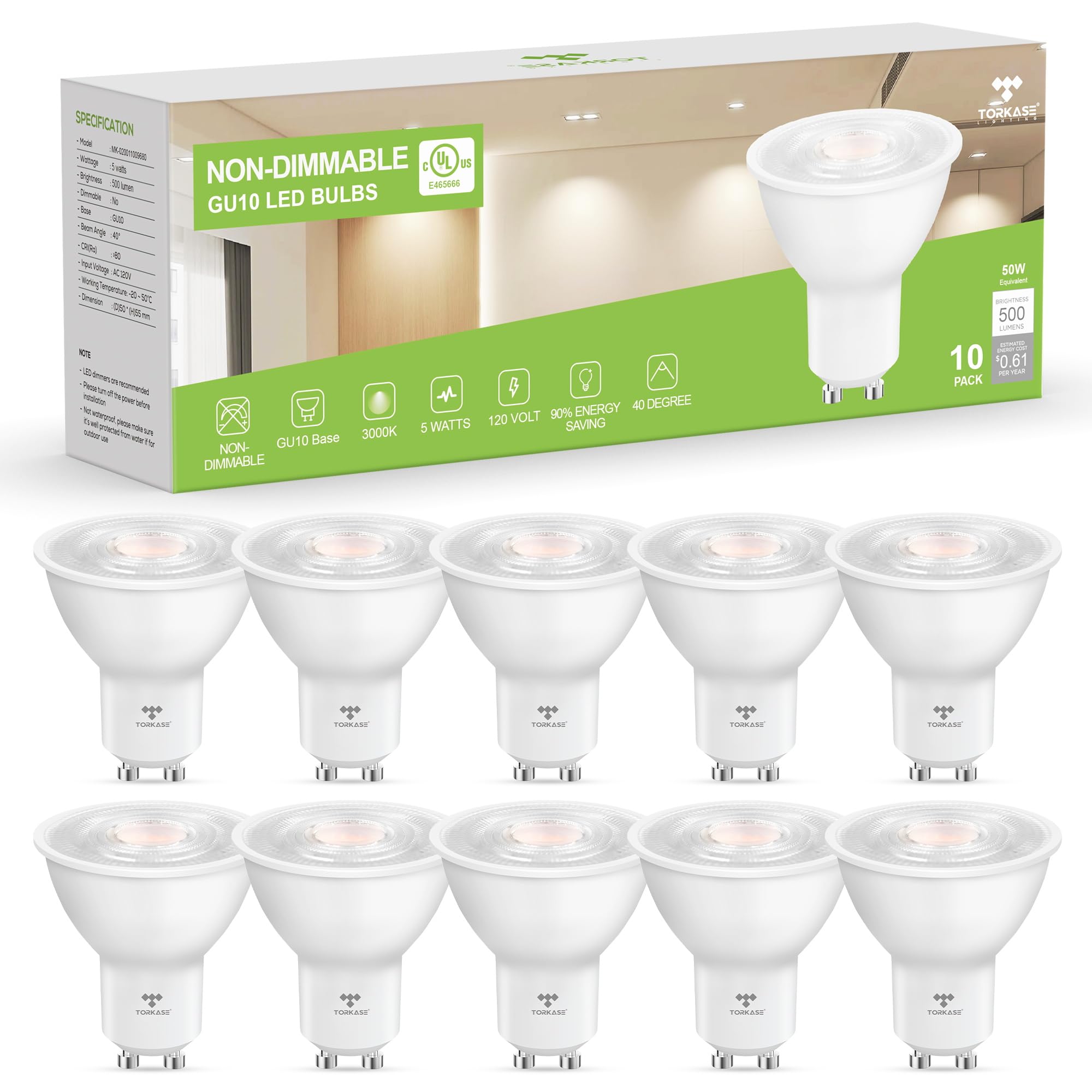 Gu10 Led Light Bulbs, 3000K Warm White, 5W 50W Replacement, 120V, 500Lm, Energy Efficient, Ul Listed, Ideal For Track, Recessed
