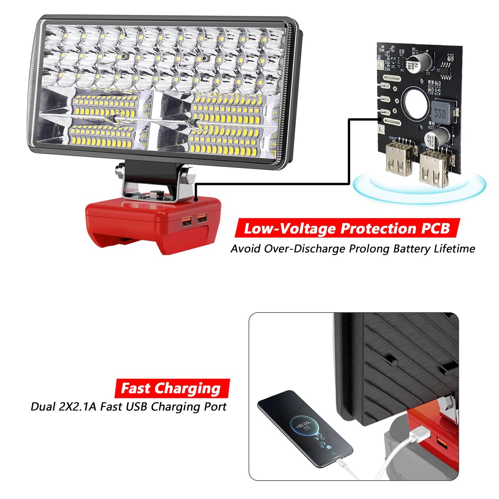 Max 6000 Lm 38W 2 Modes Cordless Led Light Compatible With Milwaukee M18 18V Battery, 2X2.1A Usb Led Work Light Wide Beam Flood