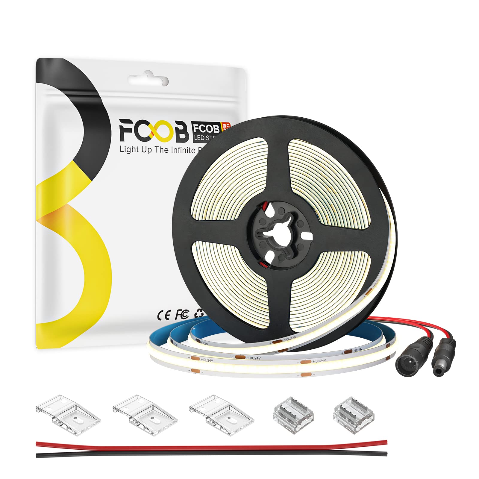 FCOB 16.4FT DC24V COB LED Strip, 480 LEDs/m, Natural White 4000K, Dimmable, High Density for Home Decor