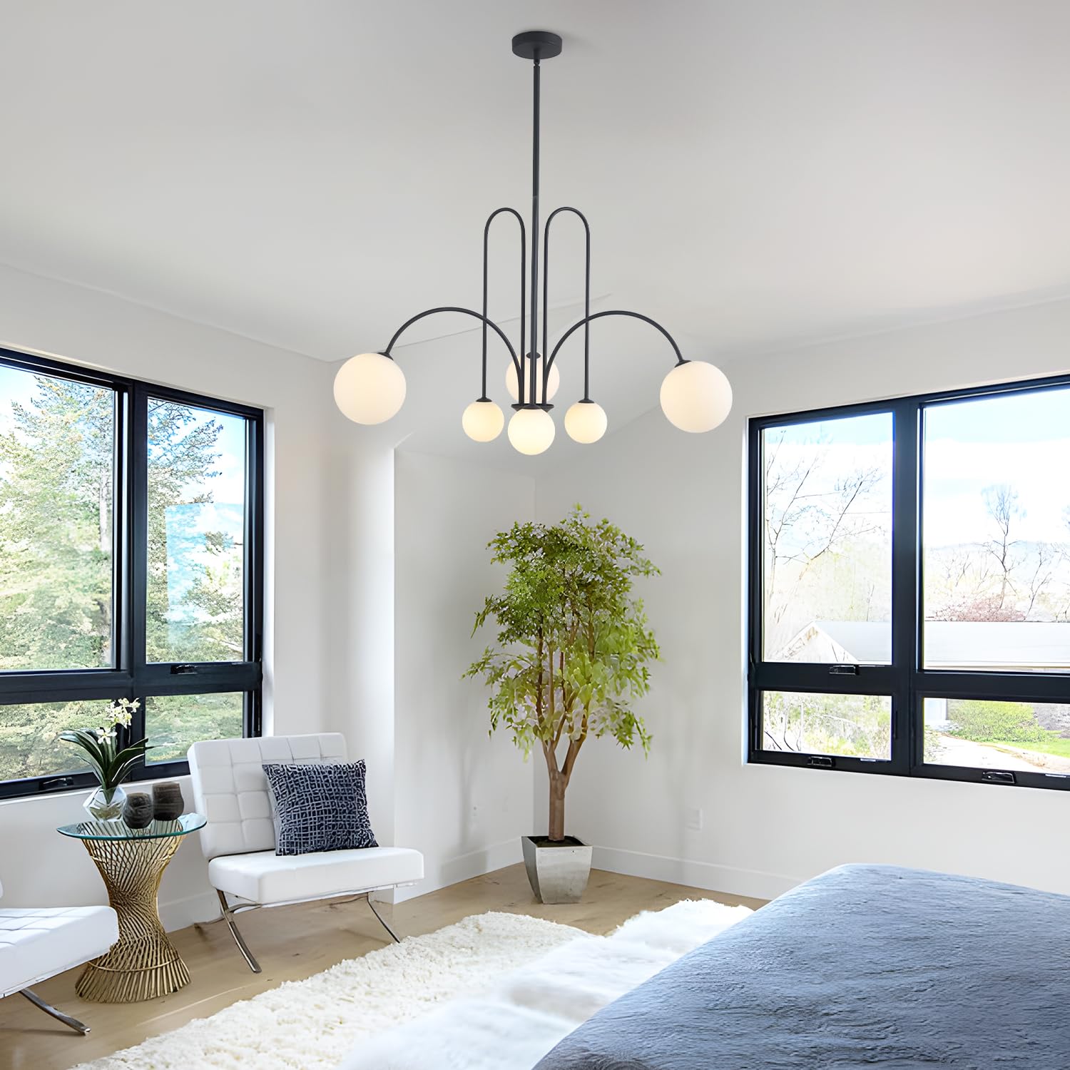 Flyrose Mid Century Modern Chandelier 6-Light Milk Glass Chandelier Black Sputnik Chandelier Light Fixture Frosted White Globe C