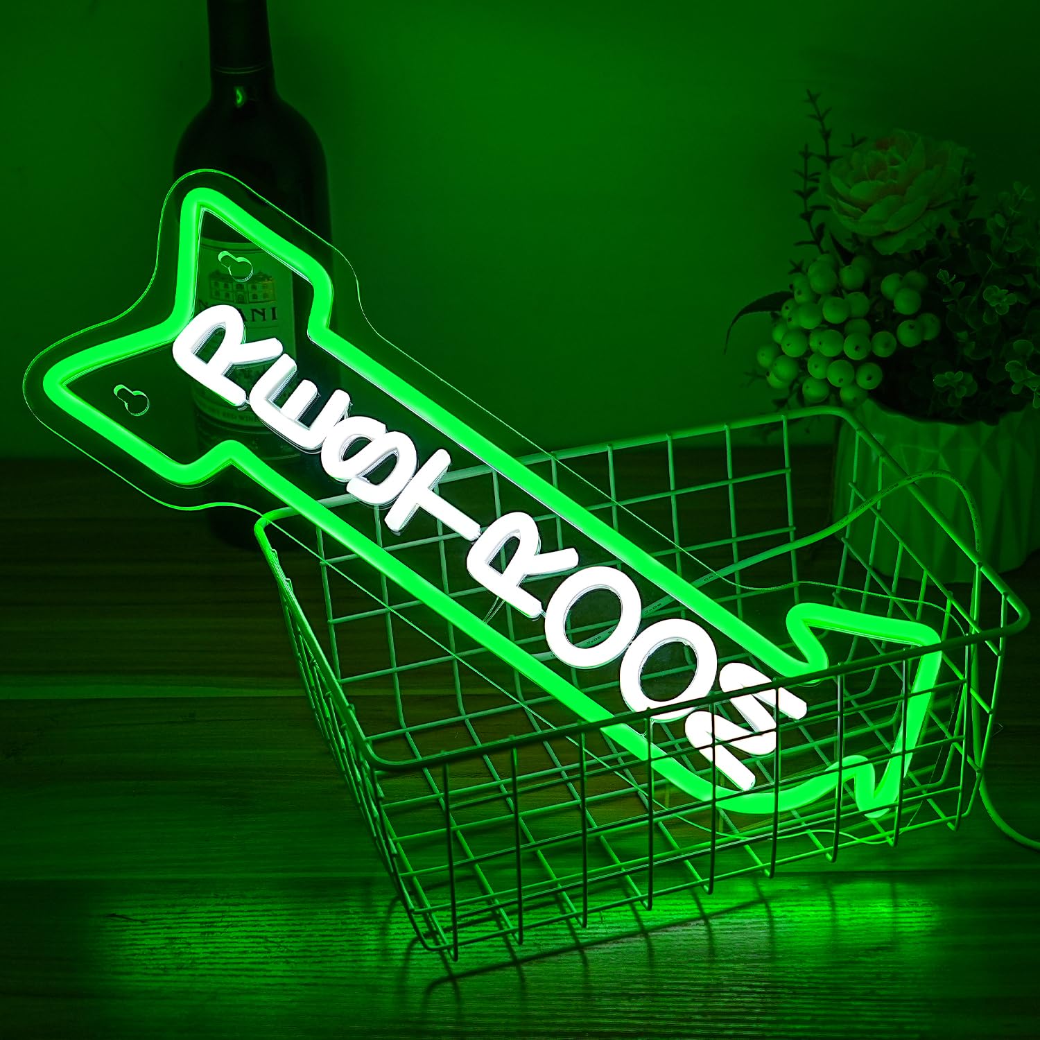 Alkkign Neon Toilet Sign - Cool White & Green Acrylic Wall Decor for Bathrooms, Hotels, Bars, & More (Right Arrow)