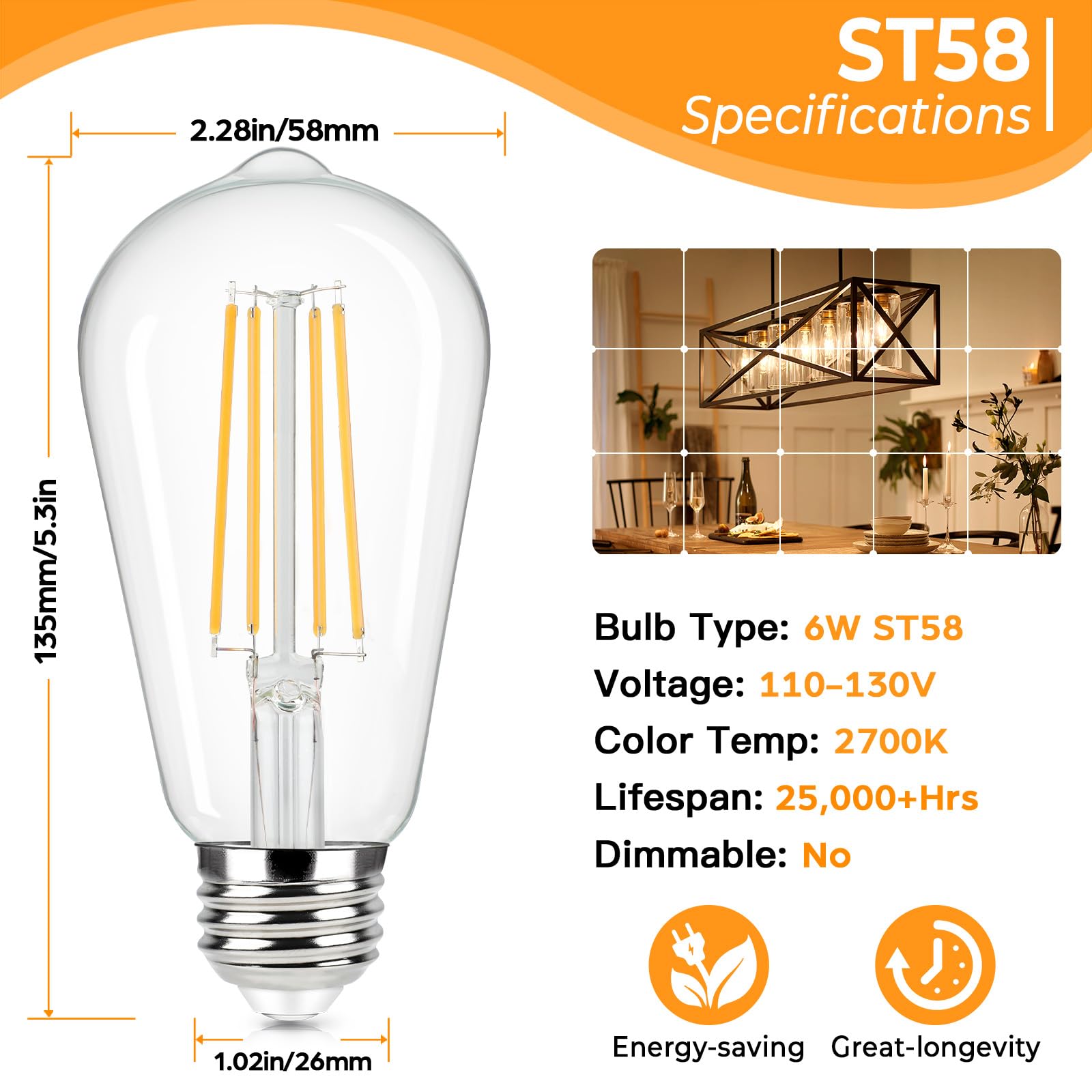 Brightever Vintage LED Edison Bulbs, 6W ST58, Warm White 2700K, Clear Glass, E26 Base, 8 Pack