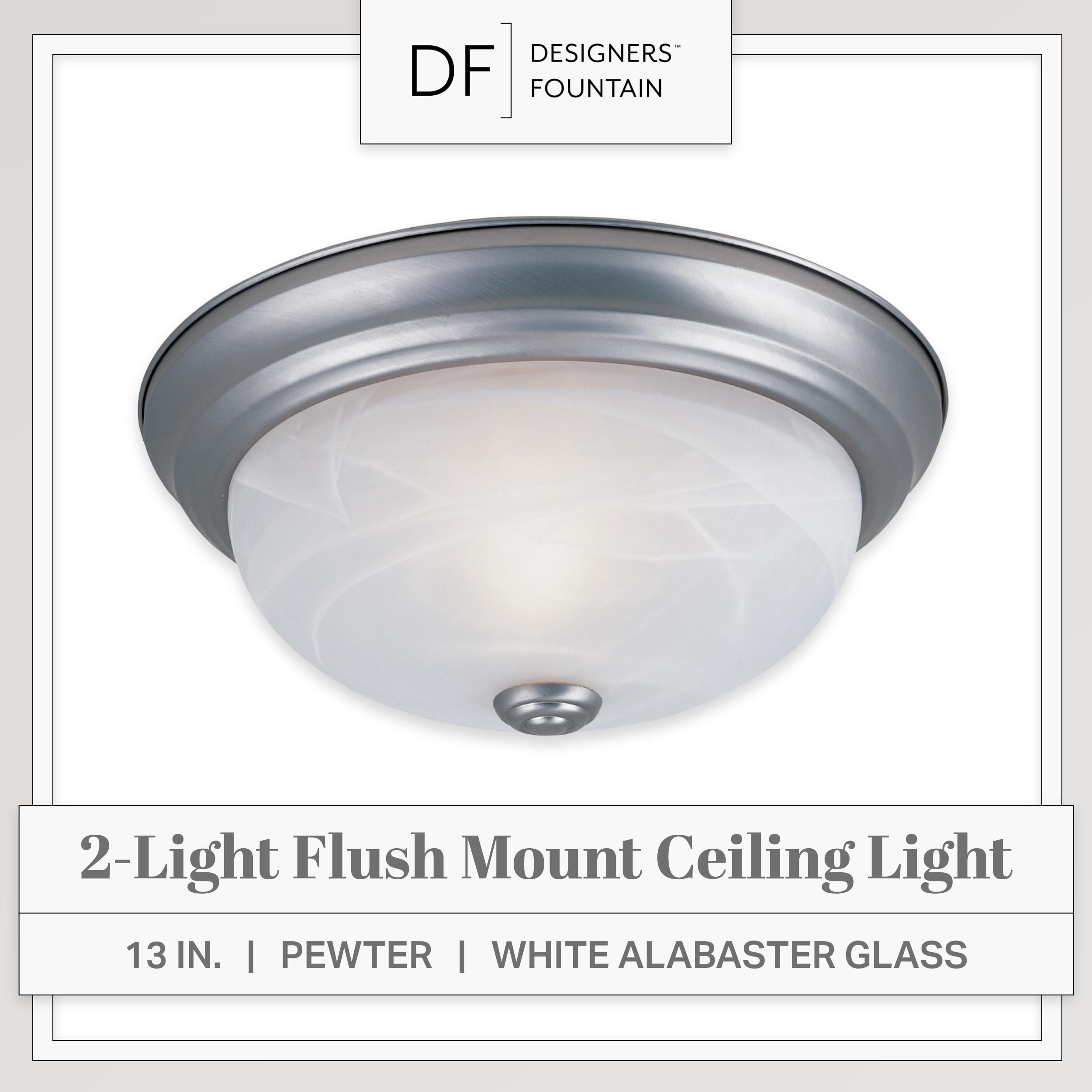 Designers Fountain 13 In 3-Light Flush Mount Ceiling Light, Pewter With Alabaster Glass Shade, 1257M-Pw-Al