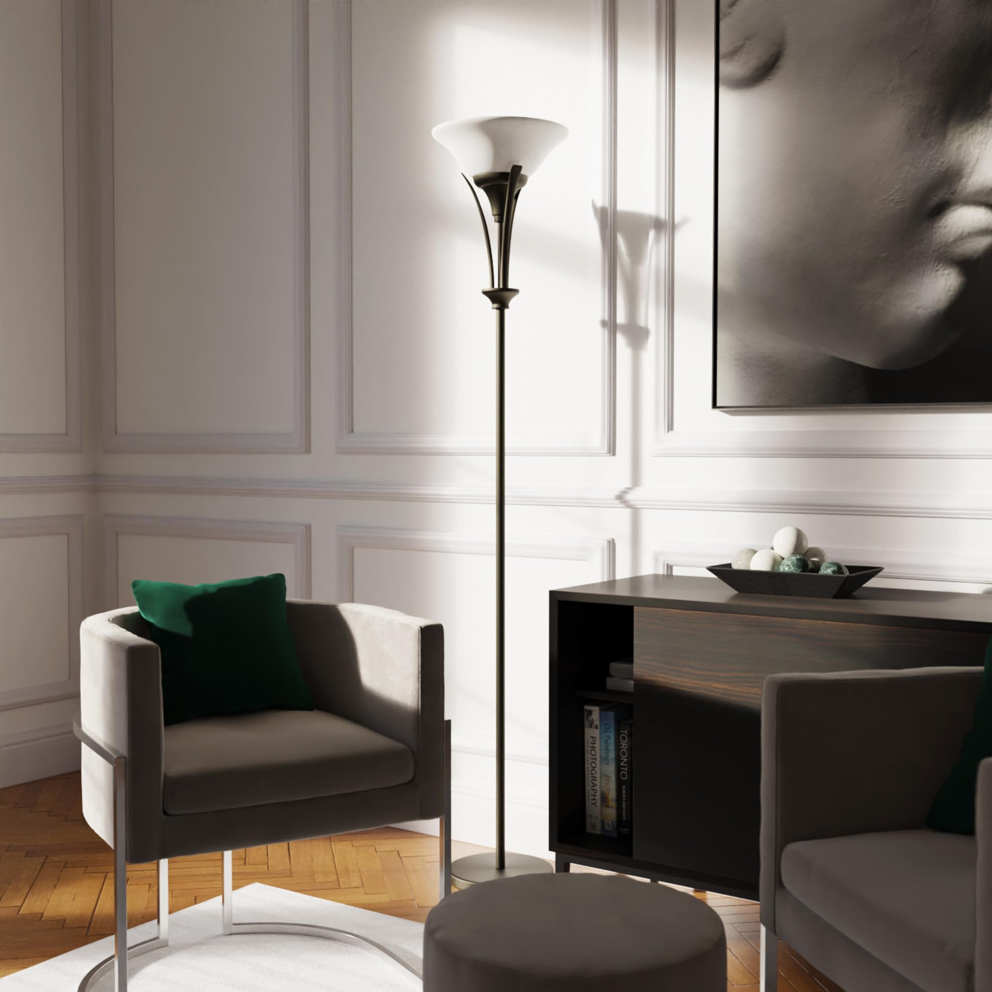 Globe Electric 63361 Gatineau 70'' Floor Lamp, Dark Bronze Finish, Alabaster Glass Shade, 0