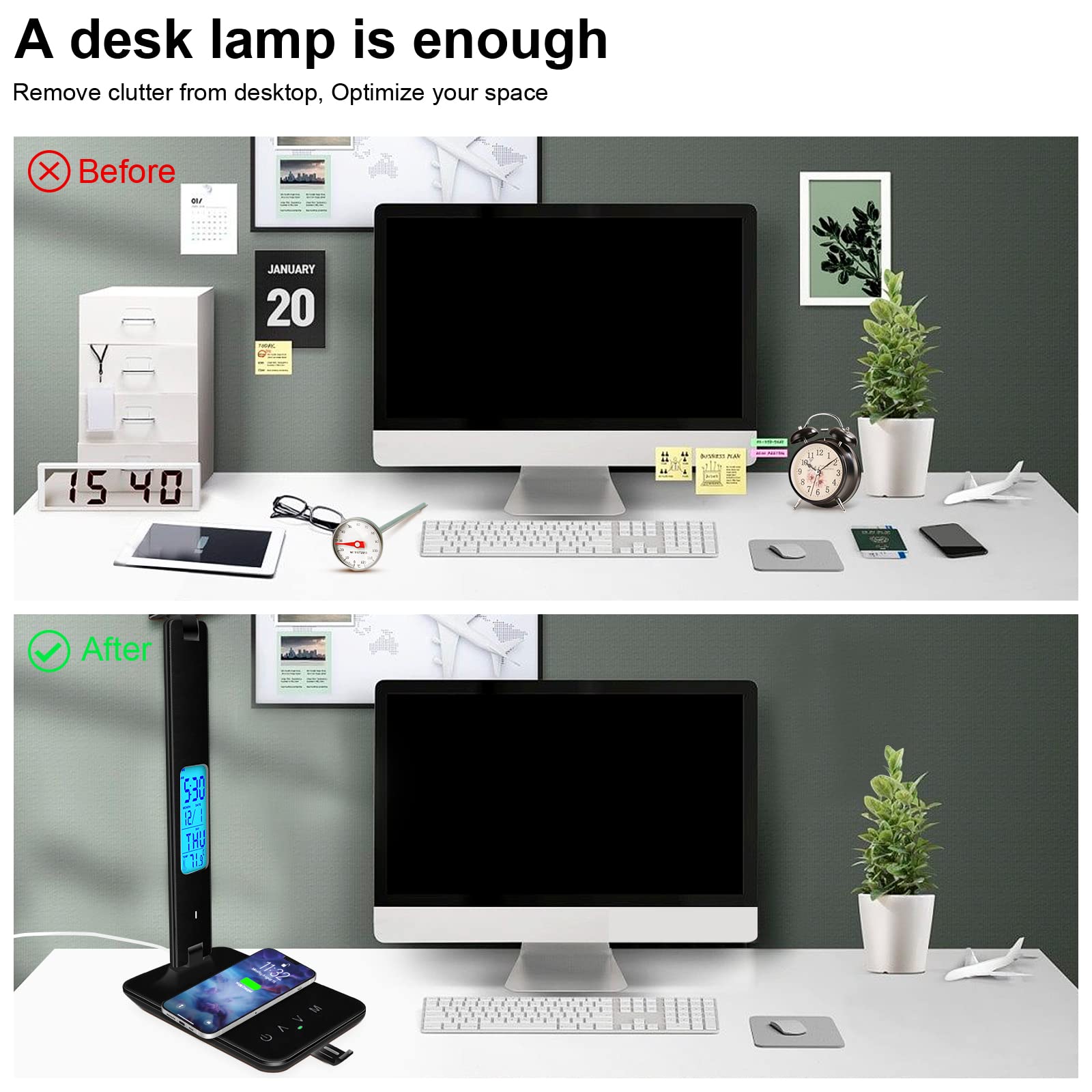snsok Desk Lamp with Wireless Charger & USB Port, Dimmable, Clock, Alarm, Temperature, Foldable, Black, Model TX26C