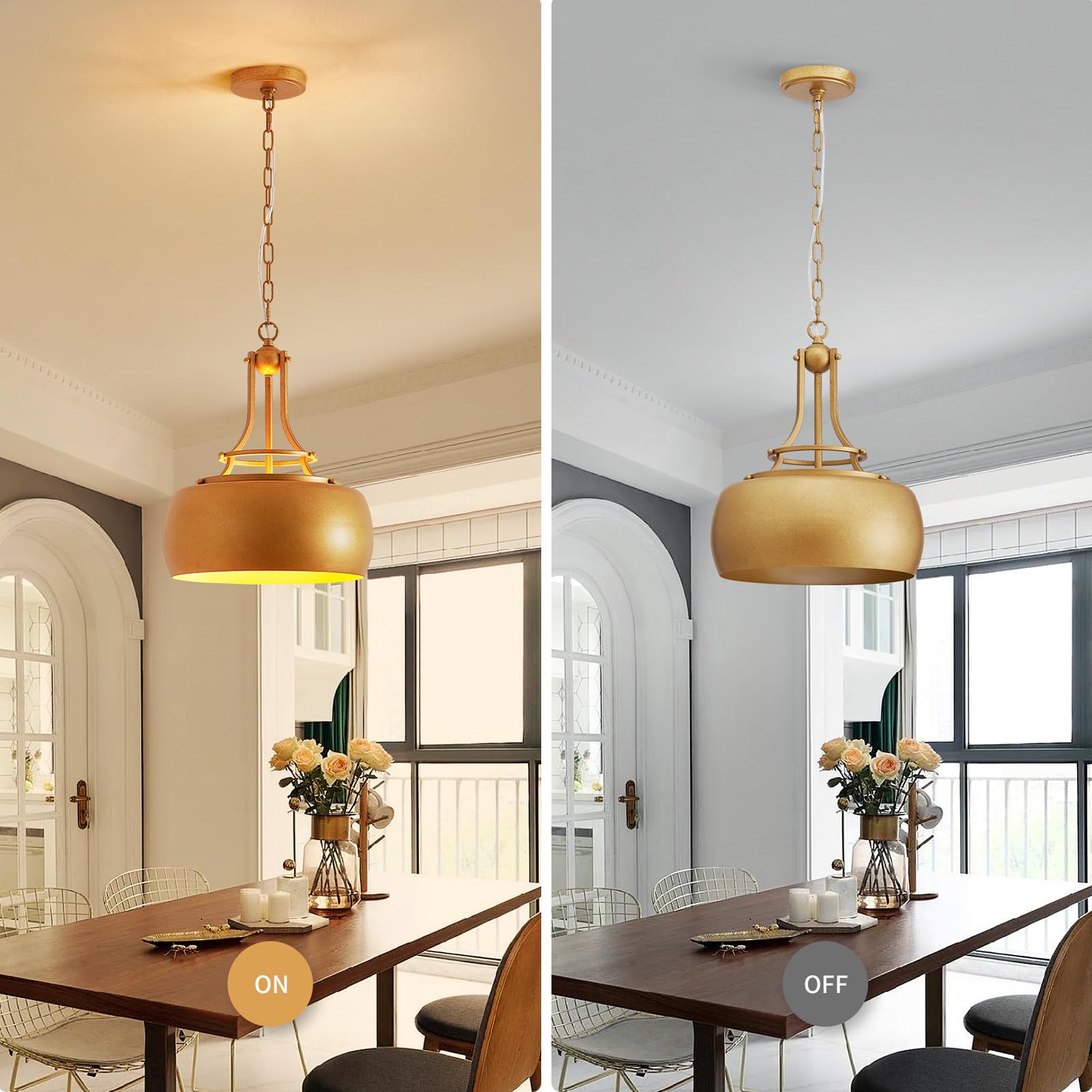 WUZUPS Antique Gold Round Pendant Light Fixture, 15.7" H x 13.4" W, Rustic Industrial Design, Metal Chandelier, Model USHD9607-3-M-A