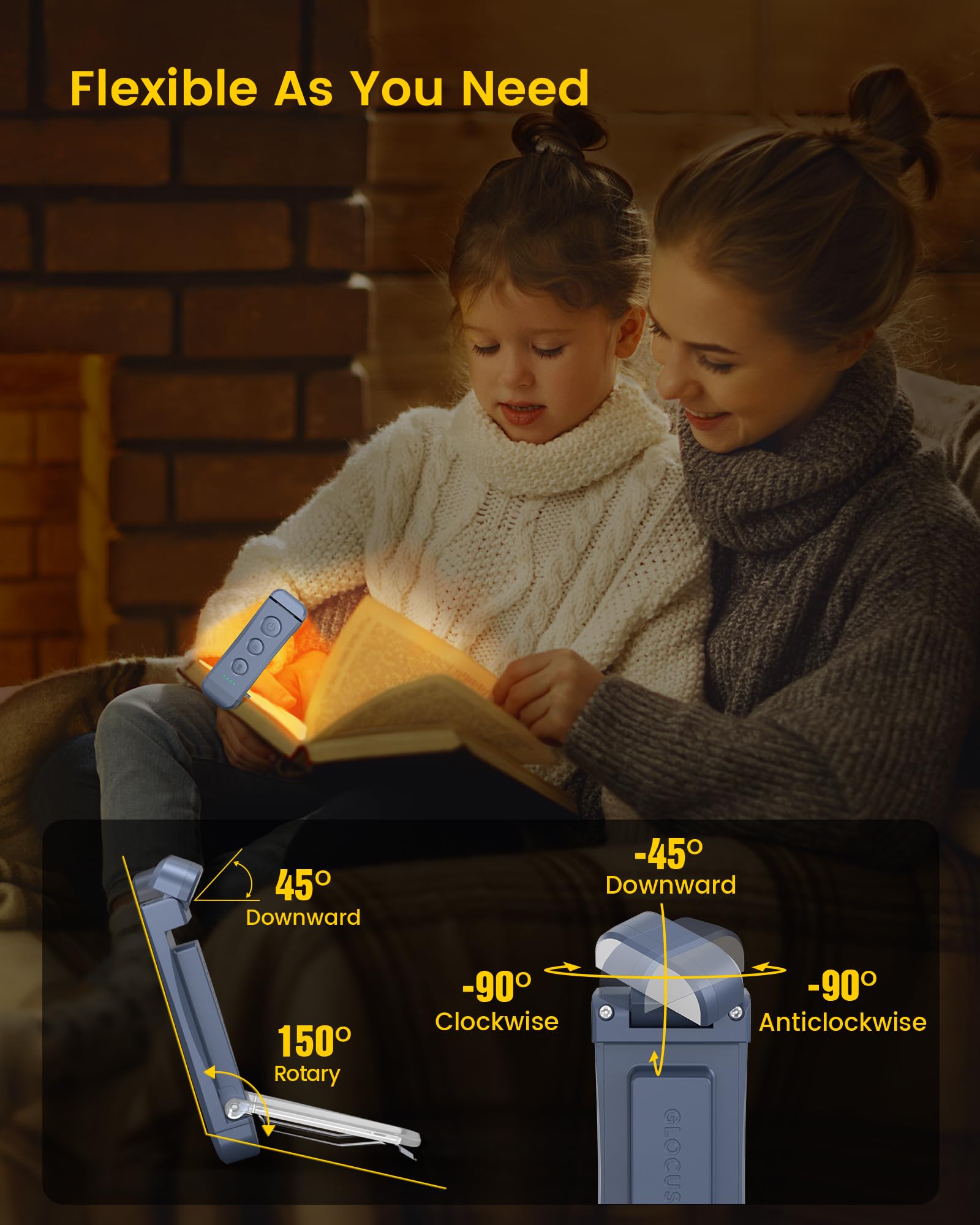 Glocusent USB Rechargeable Book Light - Portable Clip-on LED Reading Light, 3 Amber Colors, 5 Brightness Levels, Dark Blue, Model GLCSNTBL301