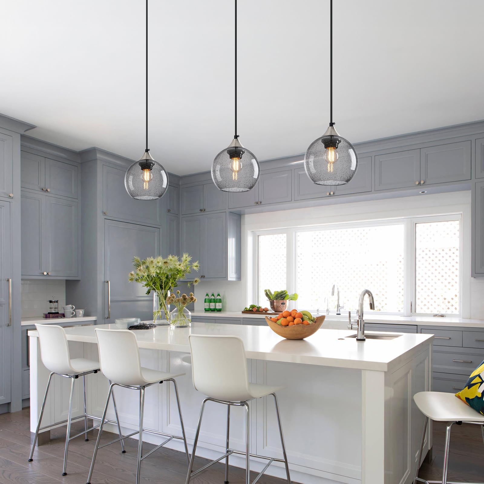 Lbsqj Light Grey Glass Pendant Lights Kitchen Island Globe Pendant Light Fixtures Modern Pendant Lighting For Bedroom Living Dining Room Light Fixture (5.9 In  3 Pack)