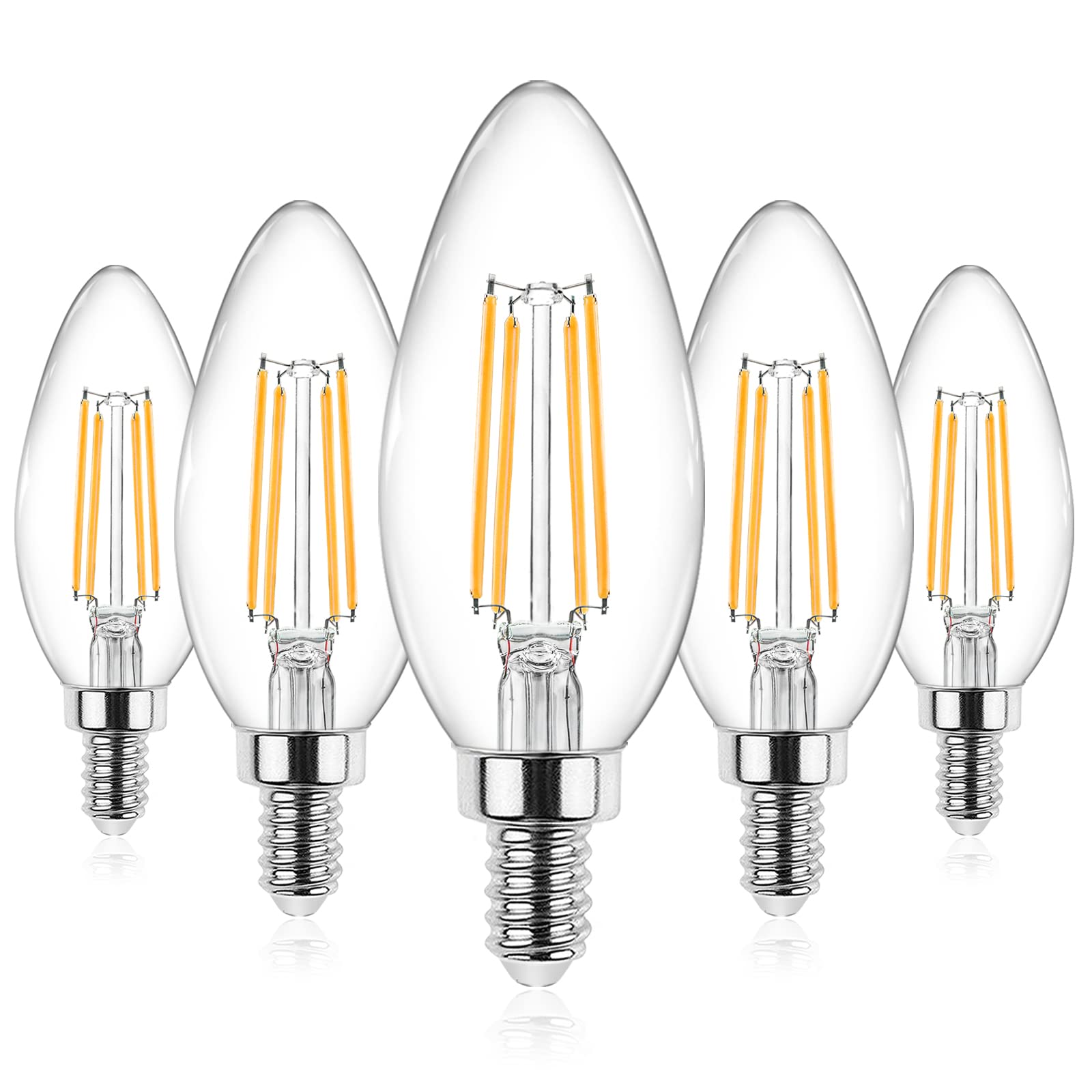 Ascher E12 Candelabra Led Light Bulbs 60 Watt Equivalent, 550 Lumen, Warm White 2700K, Clear Led Filament Candle Bulbs, Non-Dimm