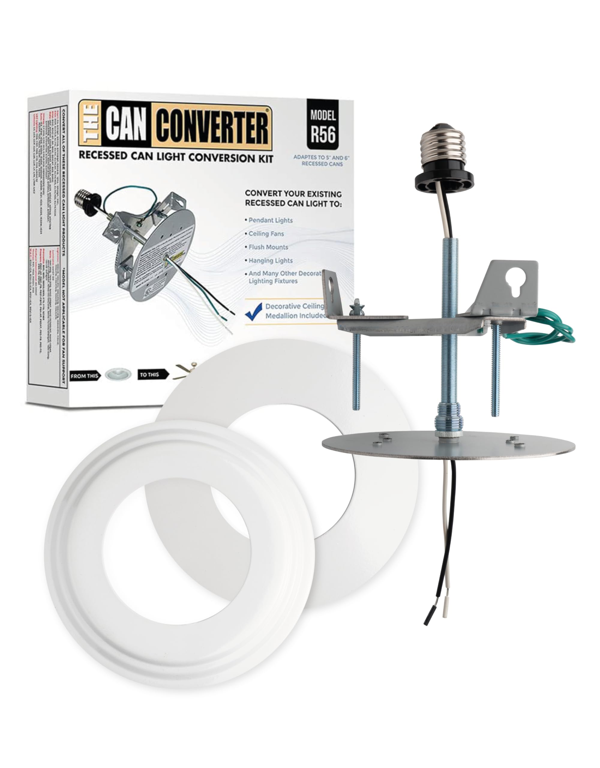 The Can Converter - R56, Complete Recessed Can Light Conversion Kit, For Ceiling Light Fixture, Pendant Light, Hanging Light, Ceiling Fan, With 7’¾ Beveled & Flat, Steel, Ceiling Medallion, White