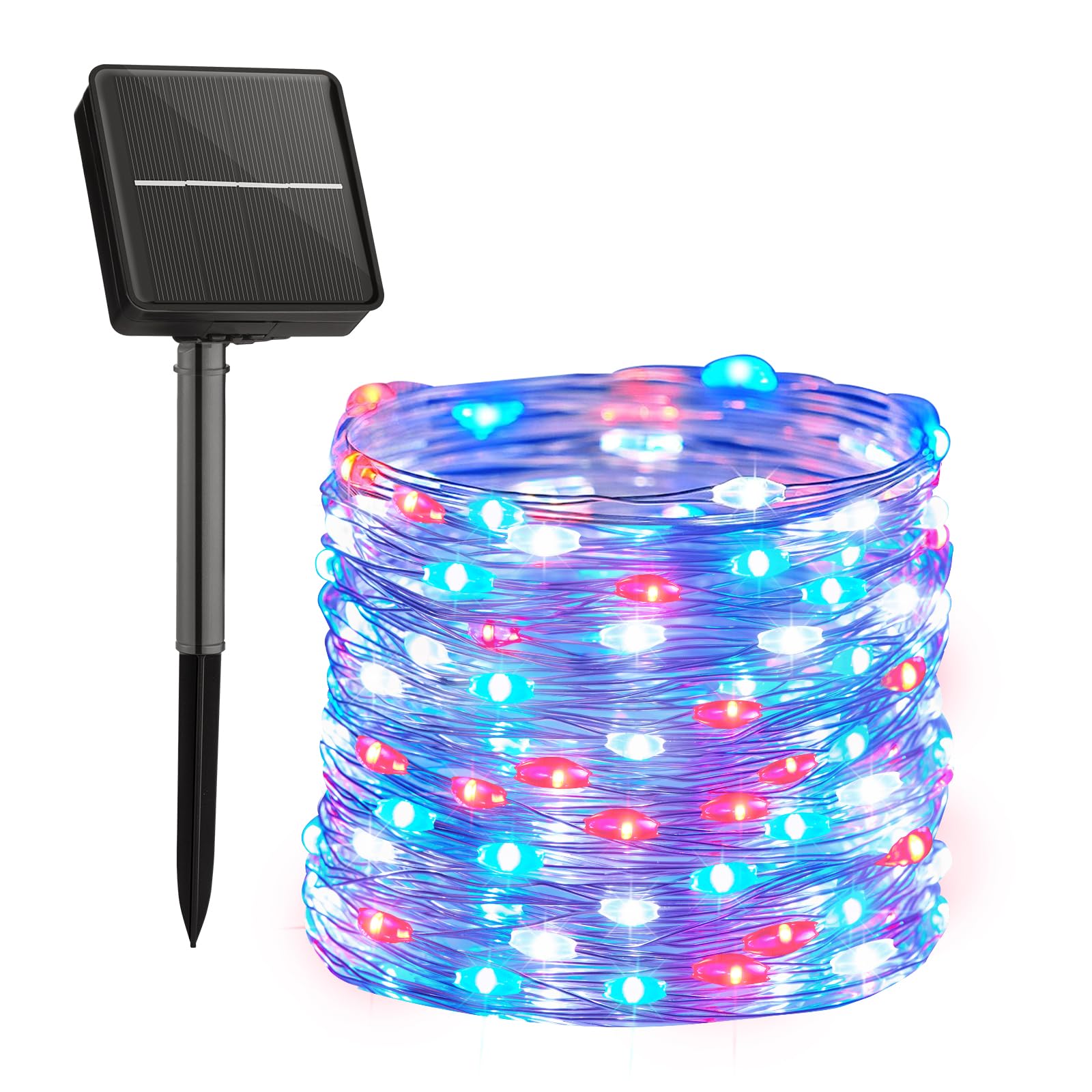 Solar String Lights for Outside, 33Ft 100 LED Outdoor Solar Red White and Blue Lights, 8 Modes 4th of July Lights for Tree Patio