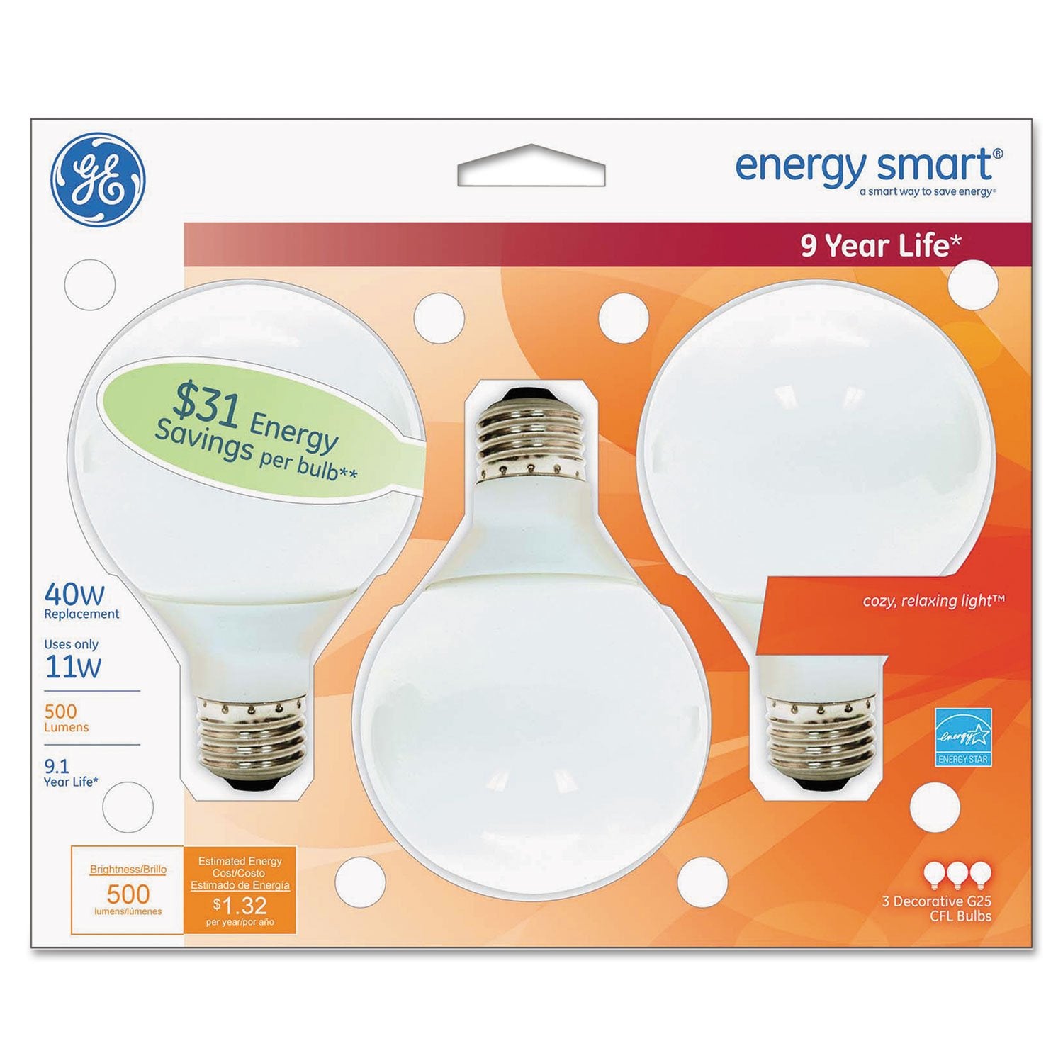 GE Lighting 85392 Energy Smart CFL 11-Watt (40-watt Replacement) 500-Lumen G25 Light Bulb with Medium Base  3-Pack