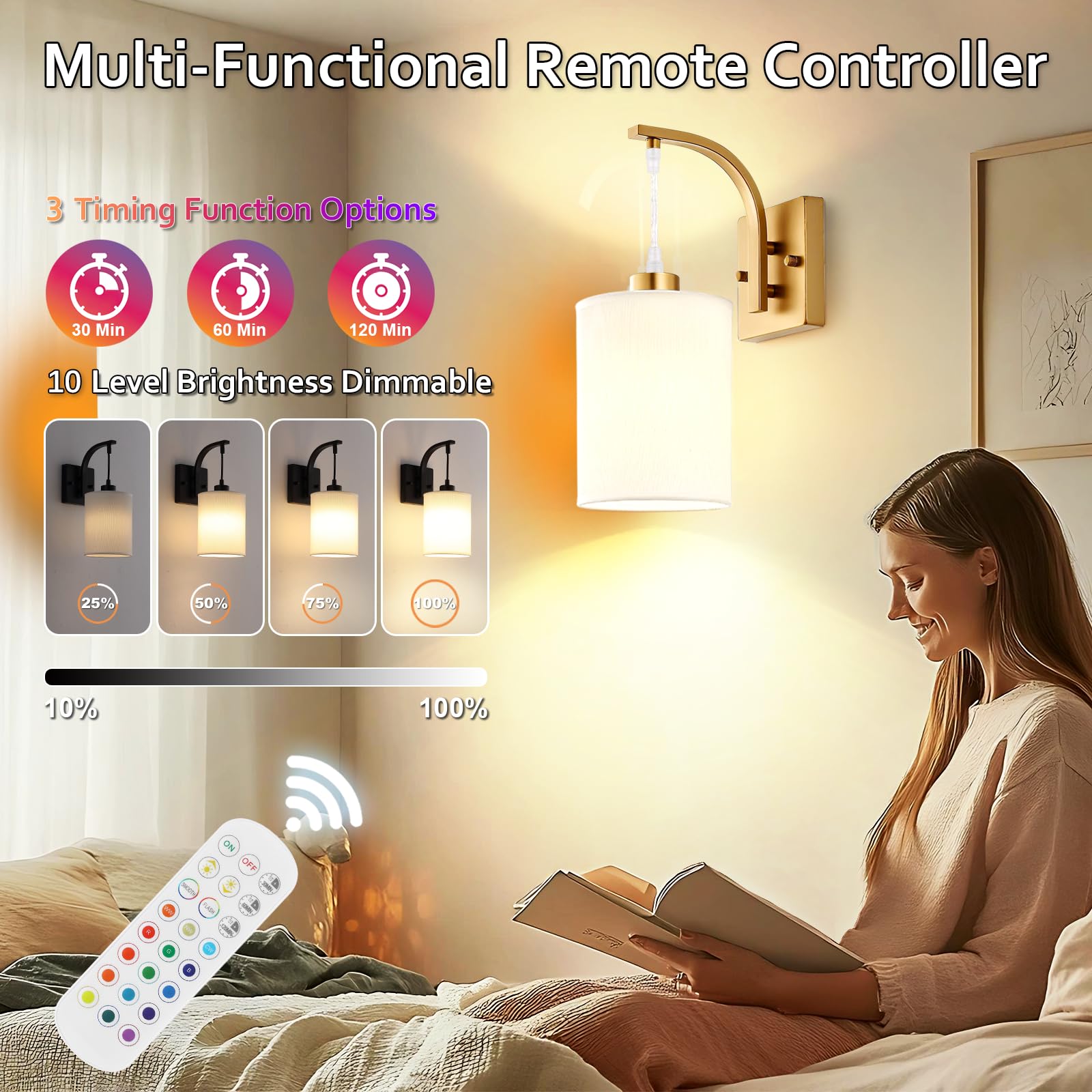 CNOIJUTS Battery Operated Wall Sconces Set of 2, Brass Gold, Rechargeable with Remote, Dimmable, Indoor Lighting, Model W250301RC