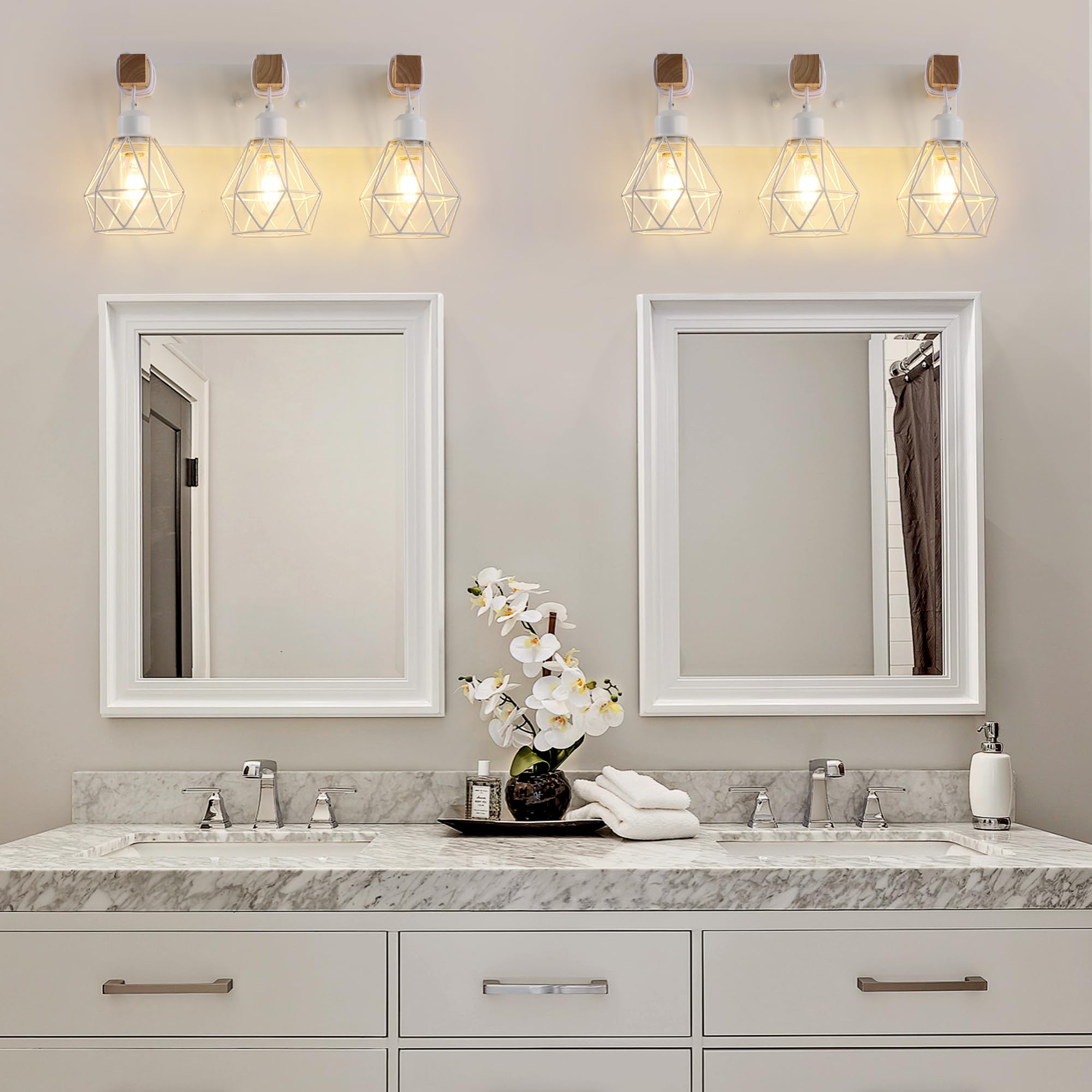 Farmhouse Vanity Light For Bathroom  3-Light White Wood Bathroom Vanity Light Fixtures Over Mirror  Rustic Sconces Wall Lighting With Metal Lampshade For Living Room  Bedroom  Hallway