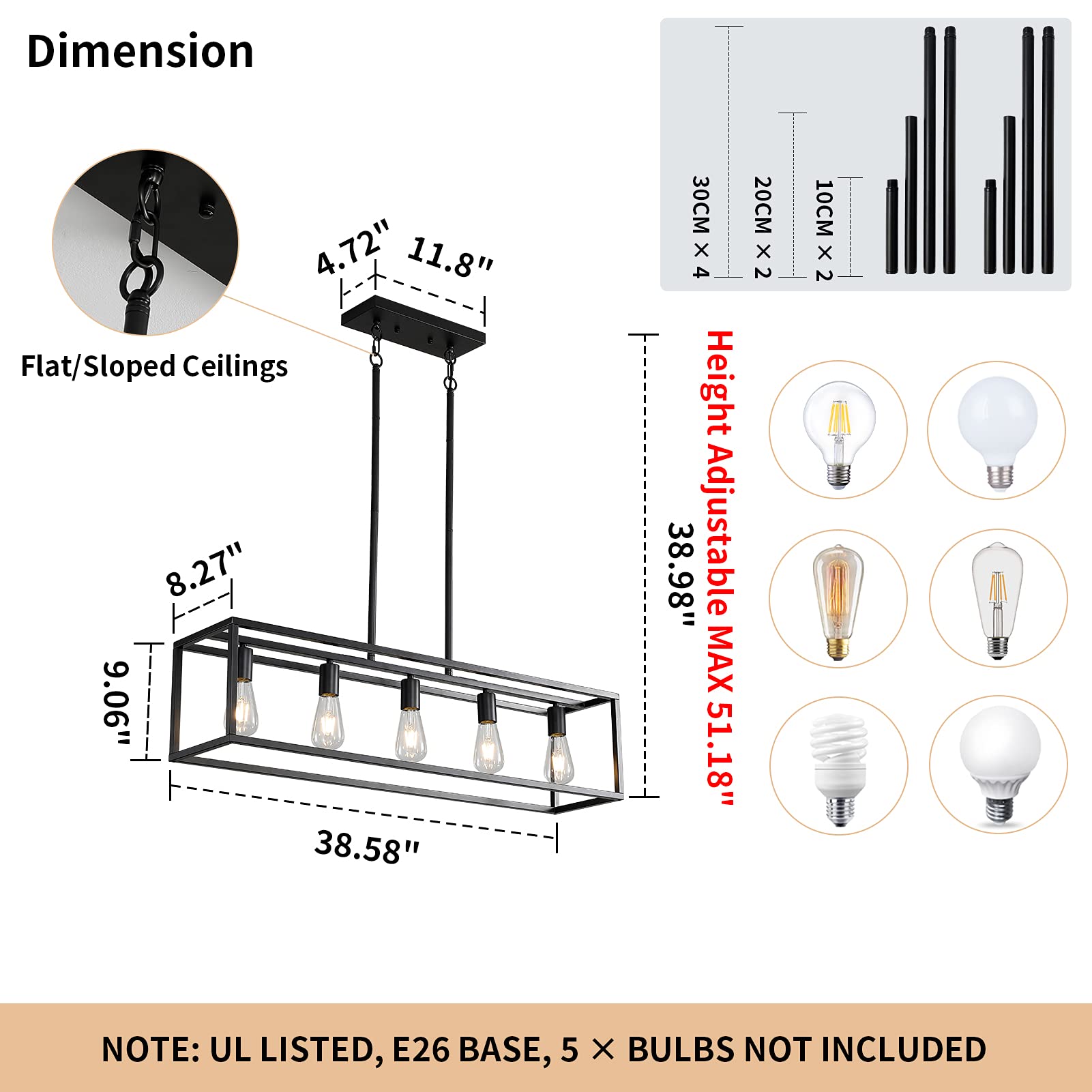 XISLTHOTSL Modern Industrial Chandelier, 5-Light Rectangular Pendant Light, Adjustable Height, Metal for Kitchen, Dining Room, Bar, Foyer