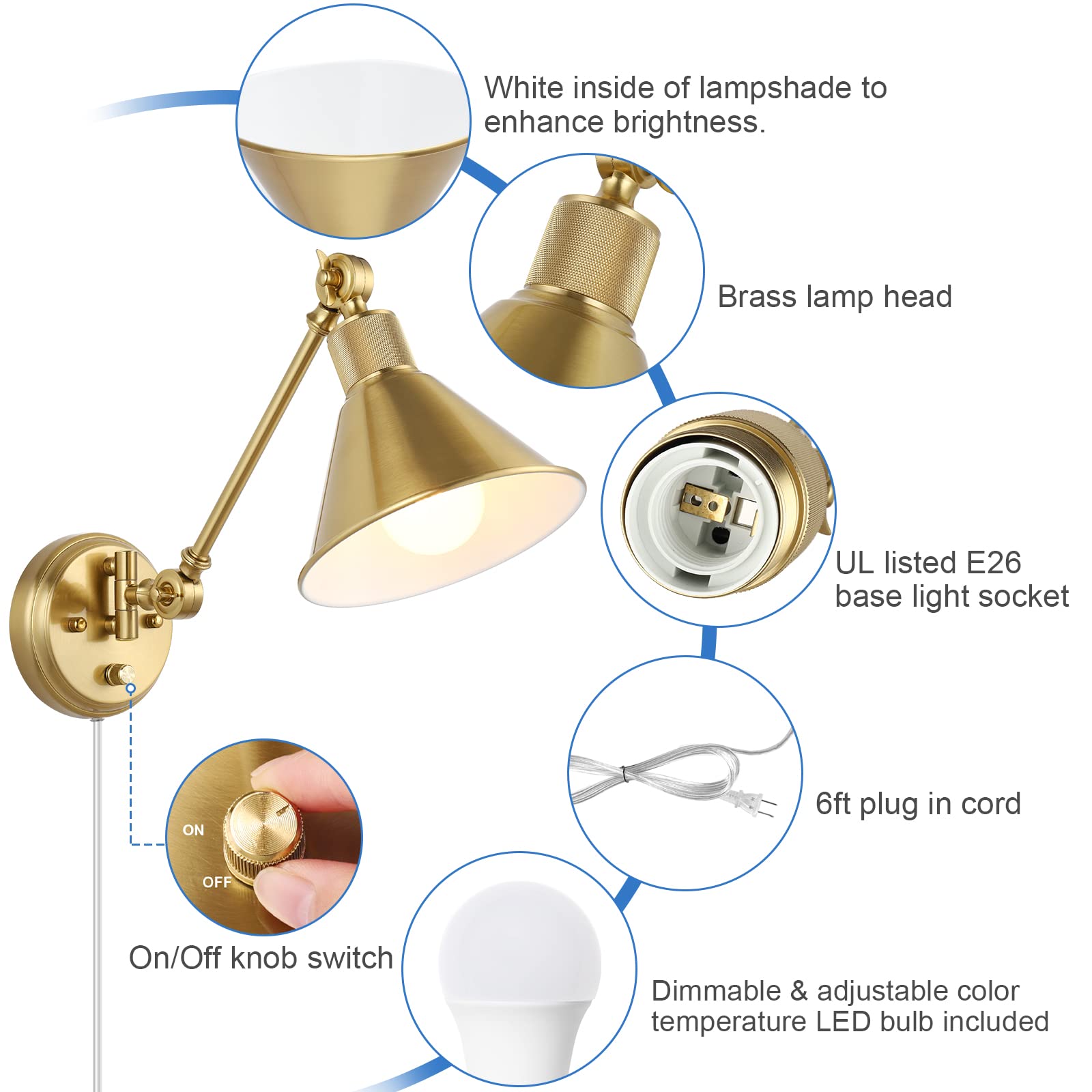 TRLIFE Dimmable Wall Sconce with Remote Control, Brass, 2 Pack, Adjustable Color Temperature 2700K-6000K, UL Listed